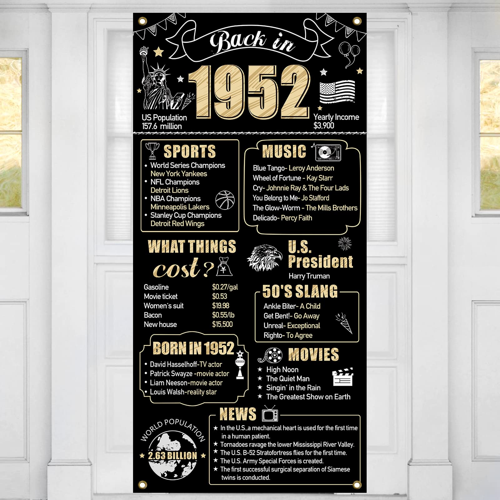 Amazon.com: 70th Birthday Decorations Back in 1952 Door Banner for Men Women,  Black Gold Happy 70 Theme Birthday Door Cover Backdrop Party Supplies, 70  Year Old 1952 Bday Photo Background Sign Decor