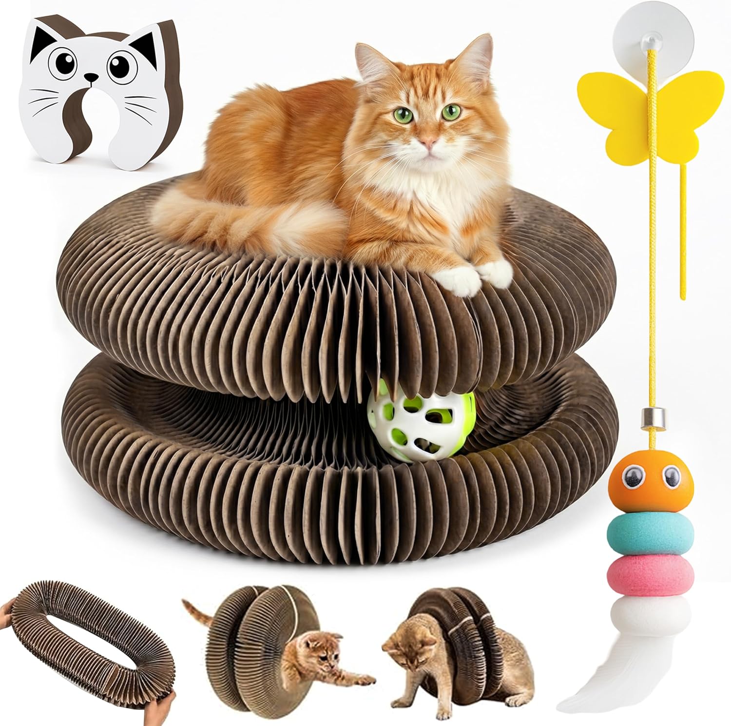 LUBANA Kitty Curls Cat Toy - Twisty Paws Kurlz Magnetic Interactive Scratcher with Bell Ball & Hanging Teaser, Foldable Cardboard Tunnel