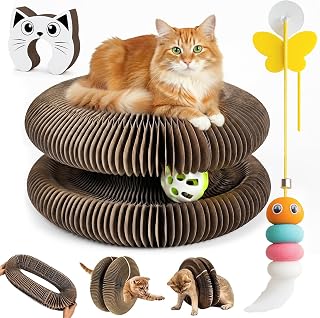 LUBANA Kitty Curls Cat Toy - Twisty Paws Kurlz Magnetic Interactive Scratcher with Bell Ball & Hanging Teaser, Foldable Cardboard Tunnel