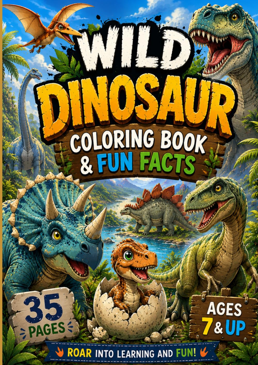 Wild Dinosaur Coloring Book & Fun Facts: Dinosaur coloring book with small fun facts, and 35 pages!