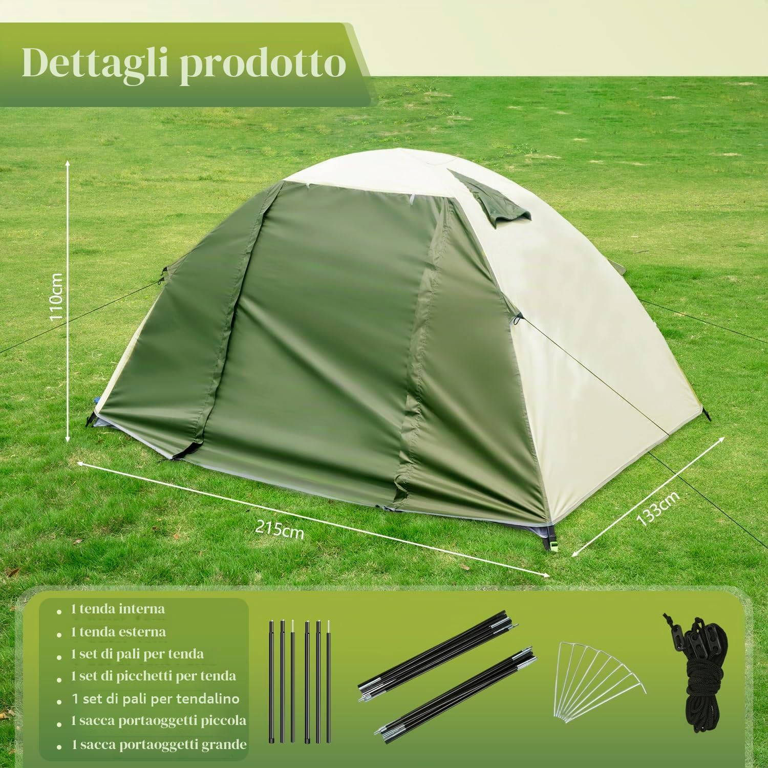 Tenda Campeggio per 1-2 Persone, Due Porte Tende Trekking Ultraleggera, Impermeabile Antivento Tenda a Cupola, Facile da Installare, Ideale per Campeggio, Escursioni, Attività All'Aperto