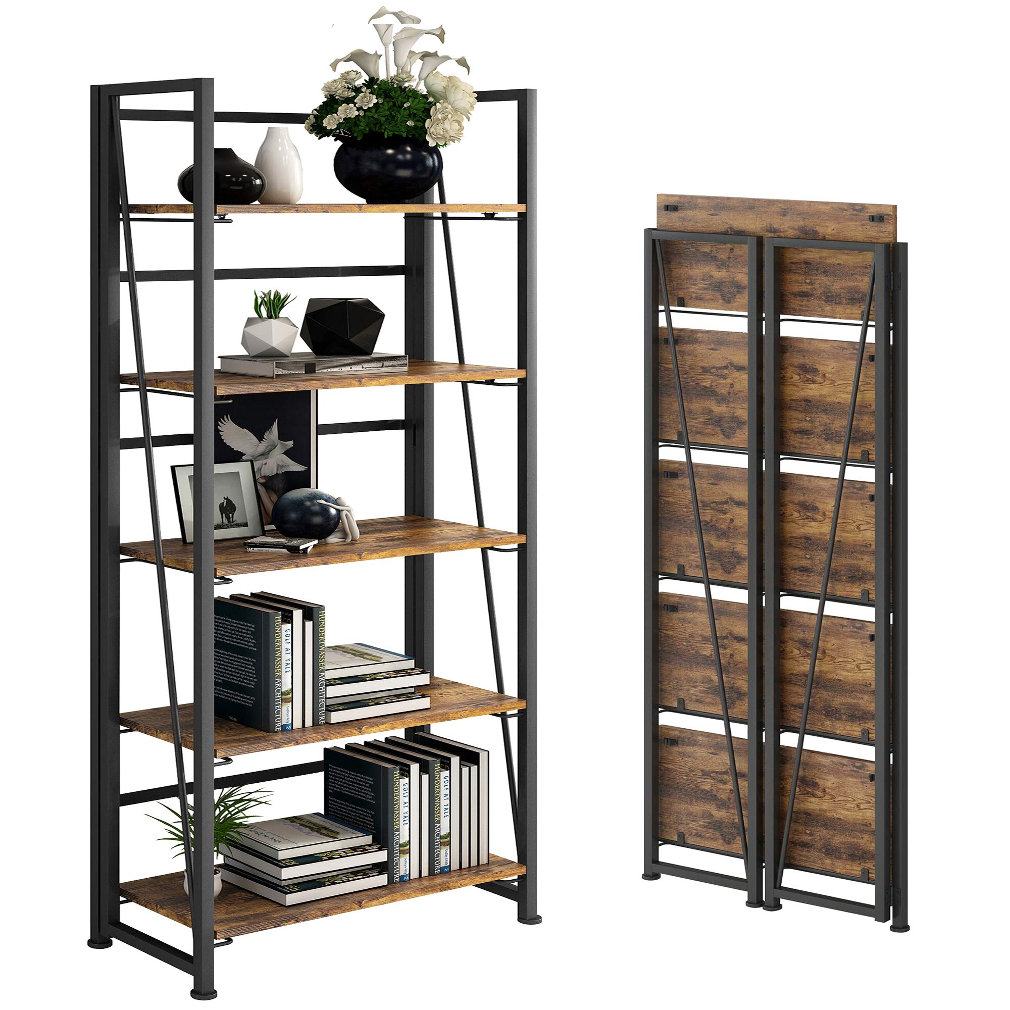 GHQME No-Assembly Folding Bookshelf Storage Shelves 5 Tiers Vintage Multifunctional Plant Flower Stand Storage Rack Shelves Bookcase for Home Office(Firestone and Black)