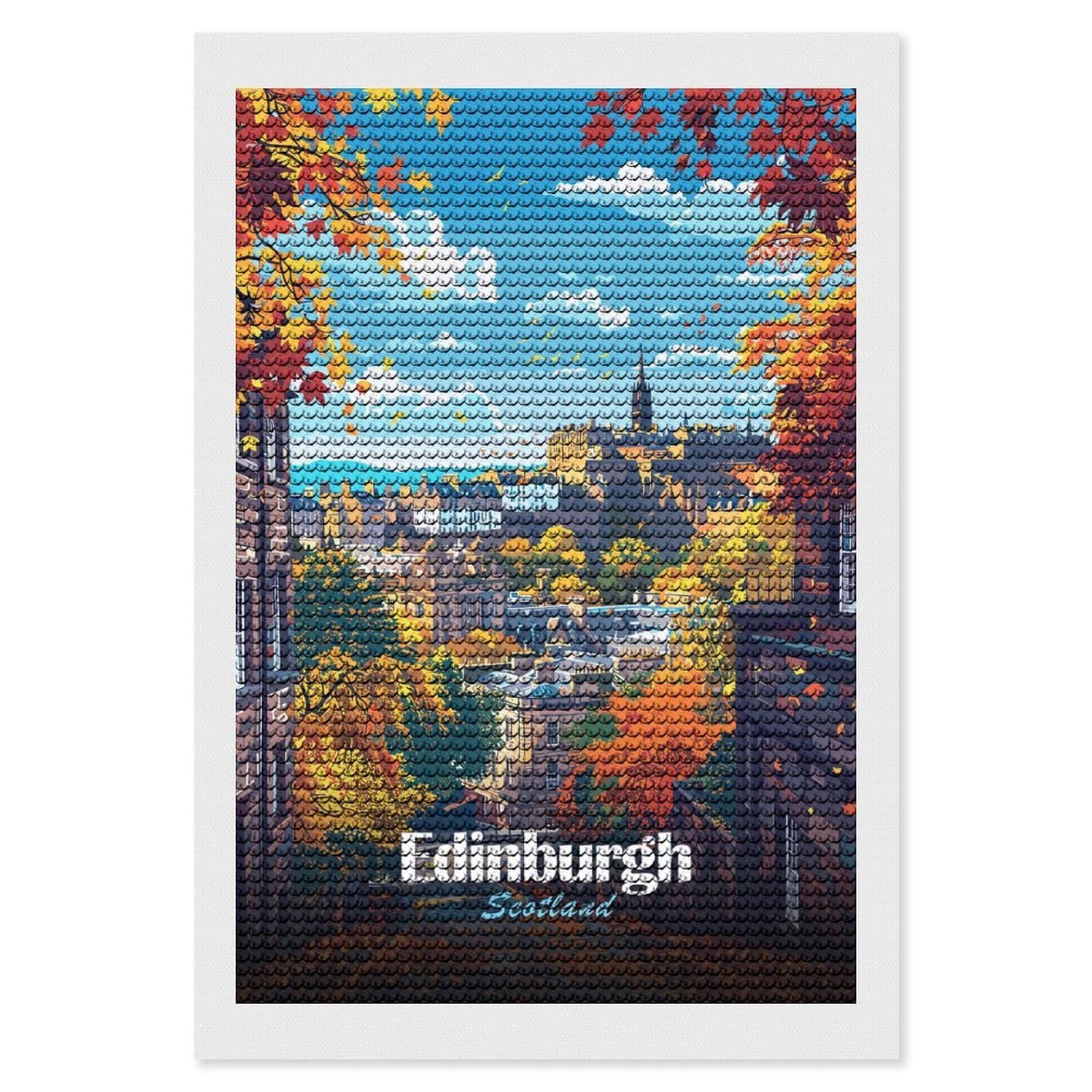 Junmoney Edinburgh Scotland Autumn Cityscape Illustration Diamond Painting Kit 8"x12", Easy Handmade Project, Cosy Home Accent, for Craft Lovers, Holiday Gift Idea