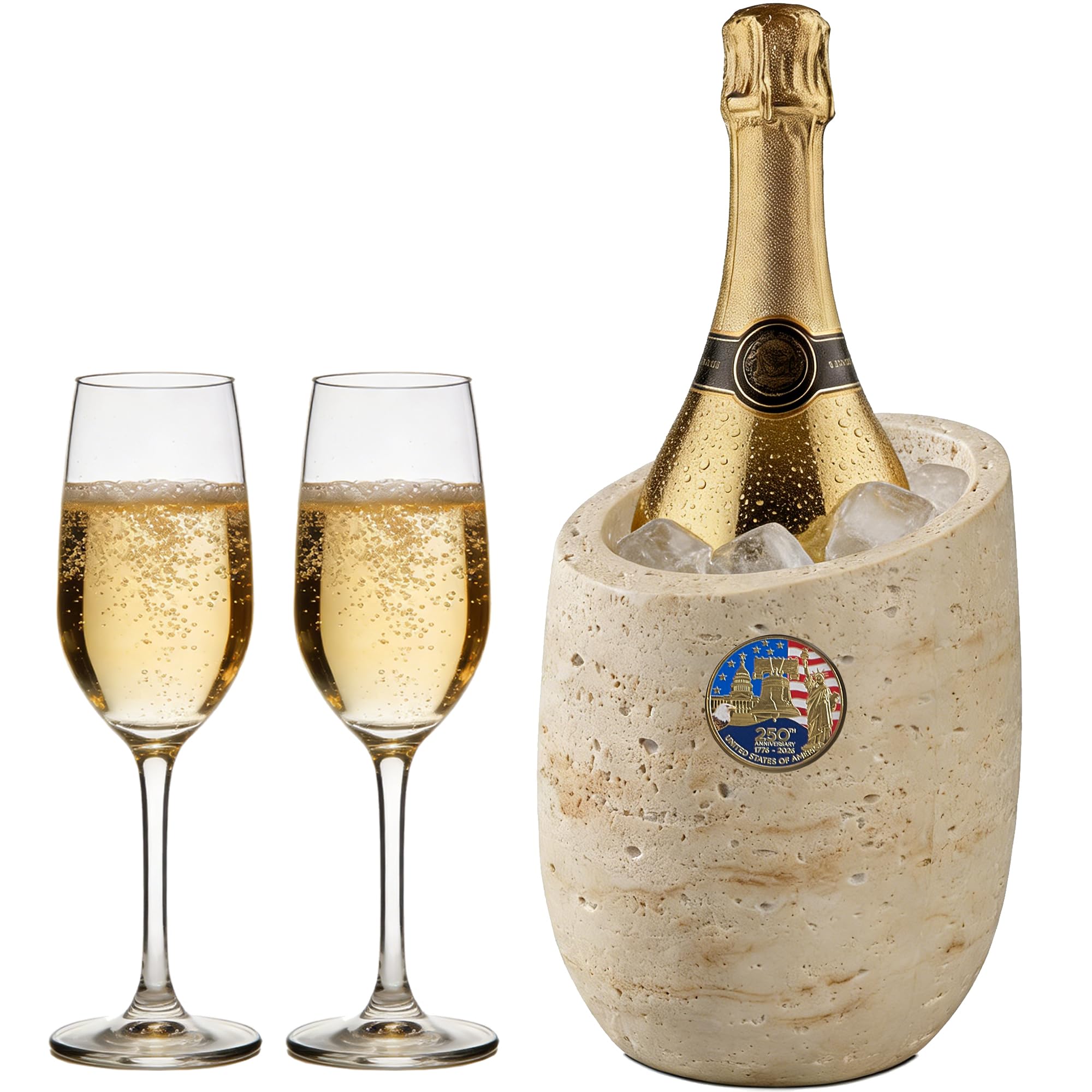Wine Chiller & Champagne Cooler – Travertine Look Bucket for Rapid Cooling, Perfect for Celebration, Home Party Decor – Wine Lovers America Gift (Beige)