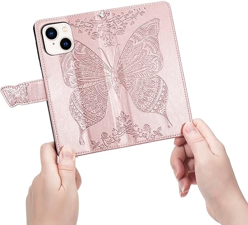 Miniatura 6 de Funda tipo cartera para iPhone 14 Plus, con estampado de mariposas y flores en relieve, funda de cuero tipo cartera con tapa protectora con ranuras