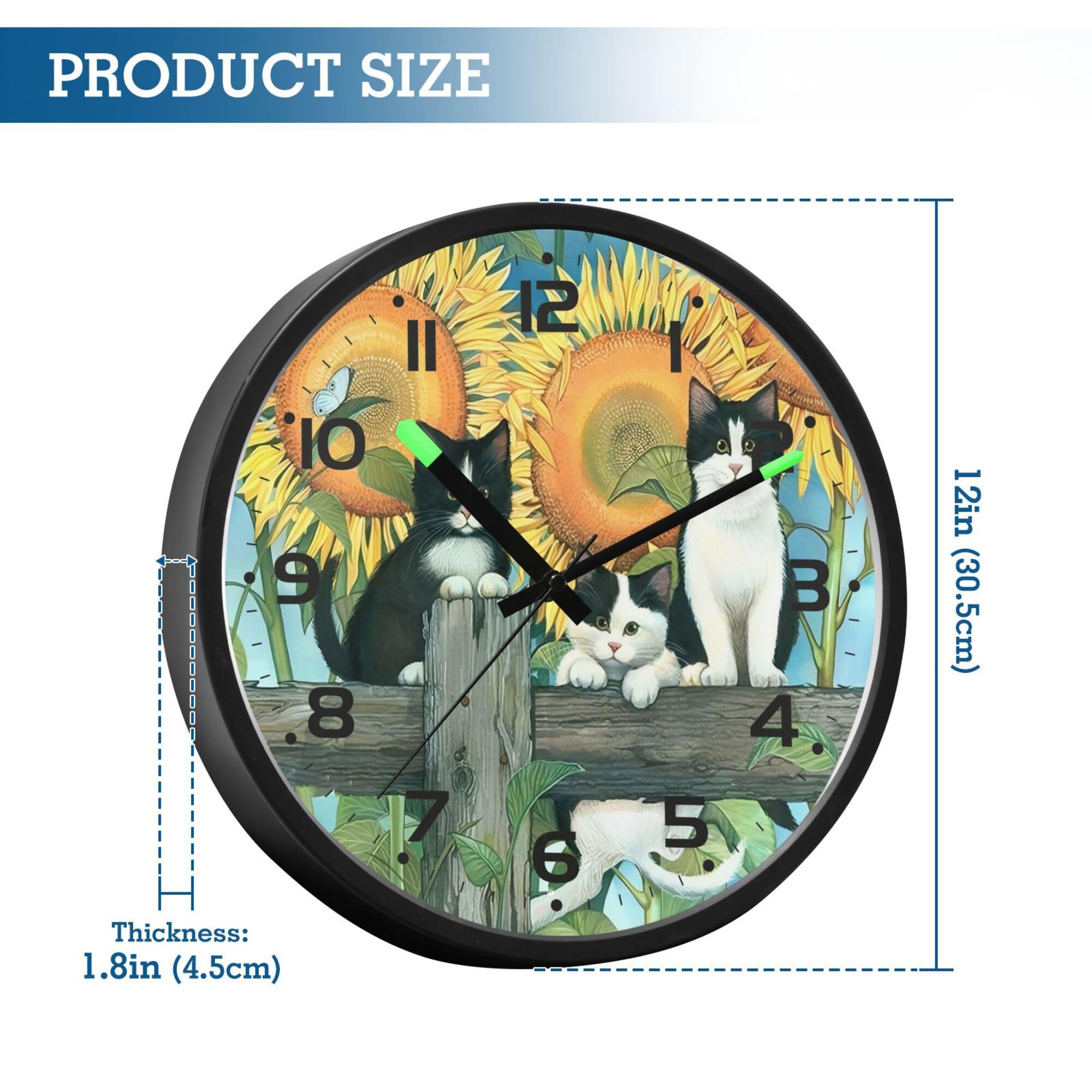 ALAZA Moderno reloj de pared digital redondo de 12 pulgadas, gatos en campo de girasol, silencioso, decorativo, LED, funciona con pilas, para cocina, sala de estar, oficina