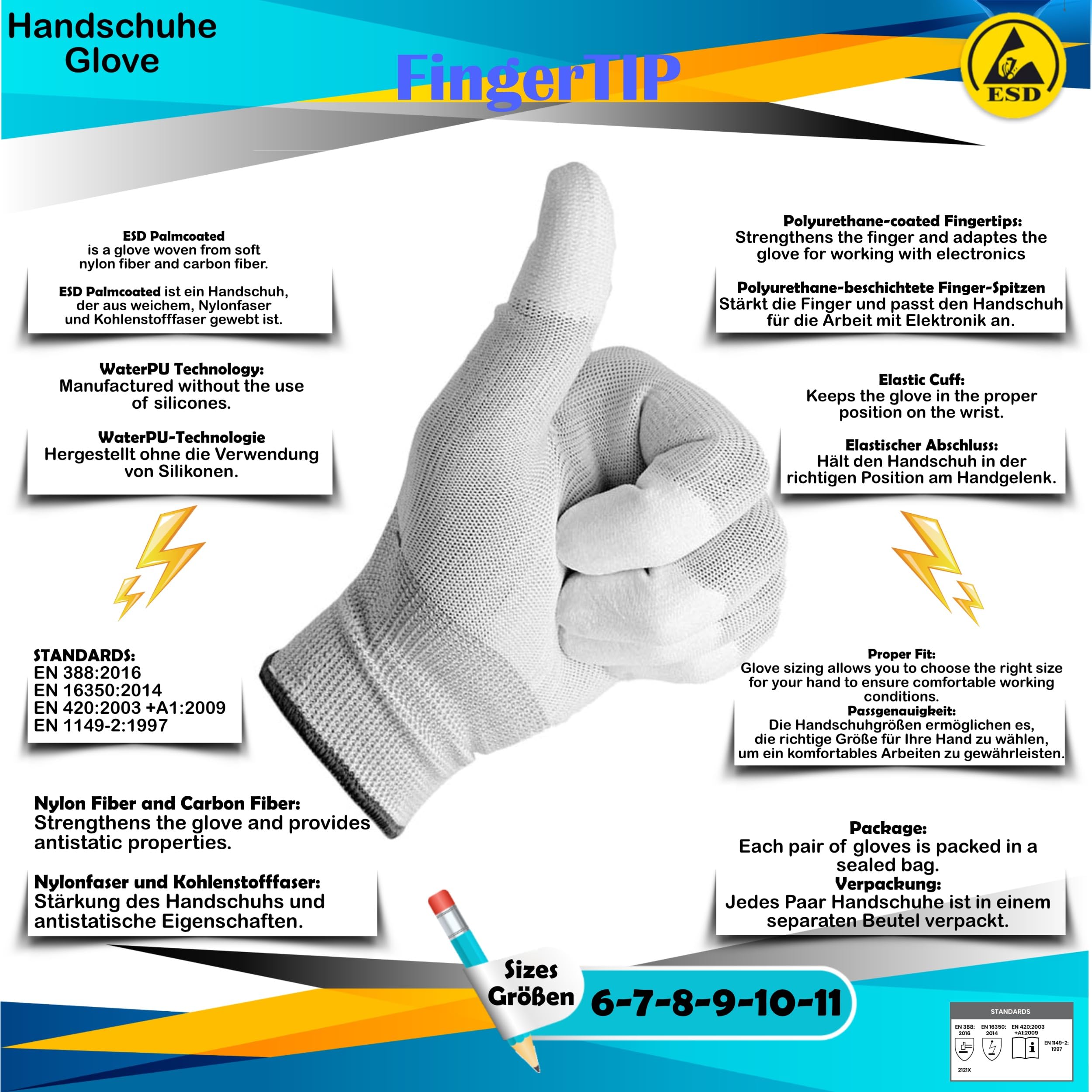 Minadax ESD Antistatik Handschuhe Finger-TIP - 2 Paare, Größe XL/10 - Für Reparatur, Montage & Reinigung in Elektronik, Feinmechanik, Modellbau, Auto und Motorrad bei Günstiger Preis