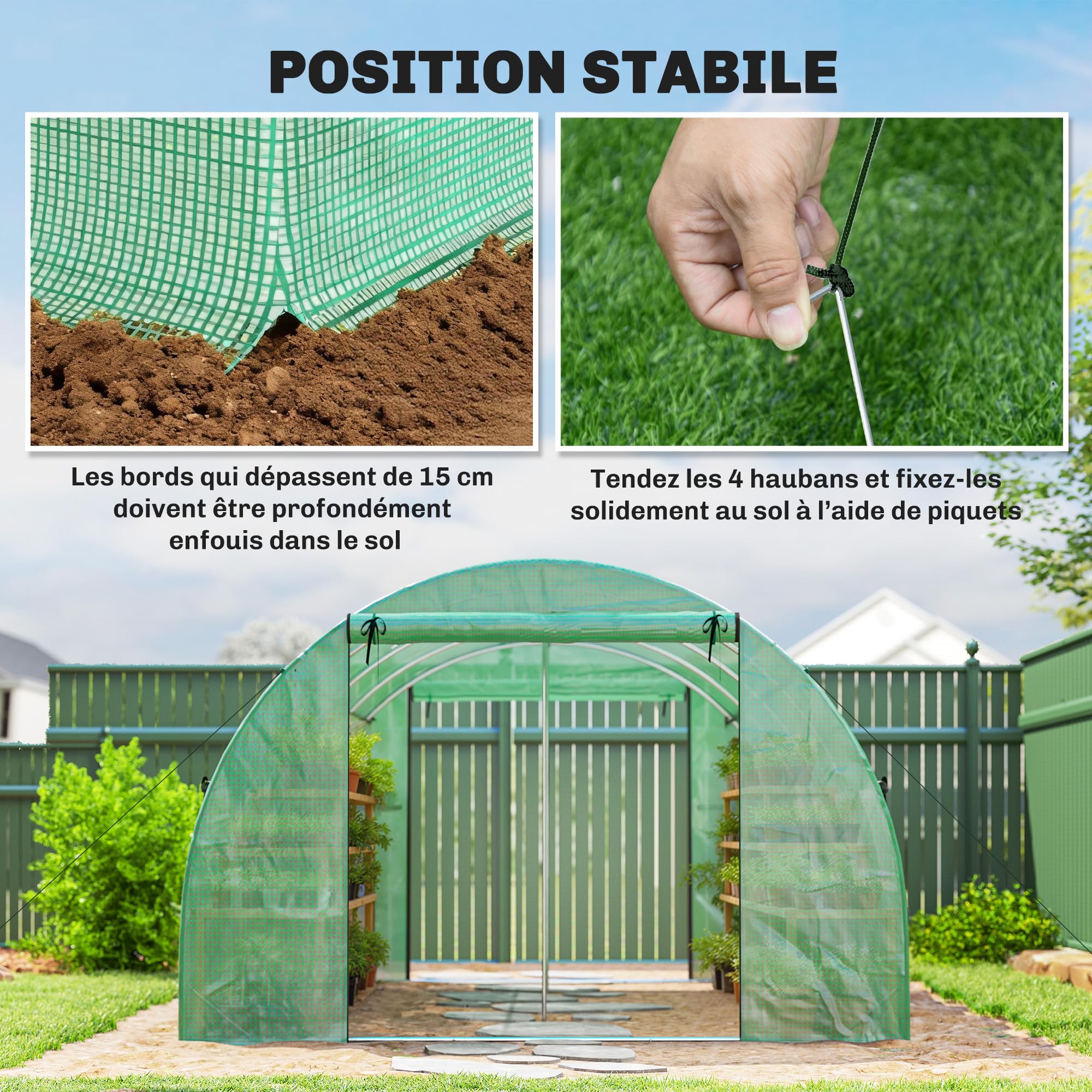 Outsunny Serre Tunnel de Jardin 12m², Serre de Jardin Tunnel 295x400x200cm avec Cadre en Acier galvanisé, 2 Portes et 8 fenêtres avec moustiquaires pour extérieur bâche PE Haute densité 140 g/m² Vert
