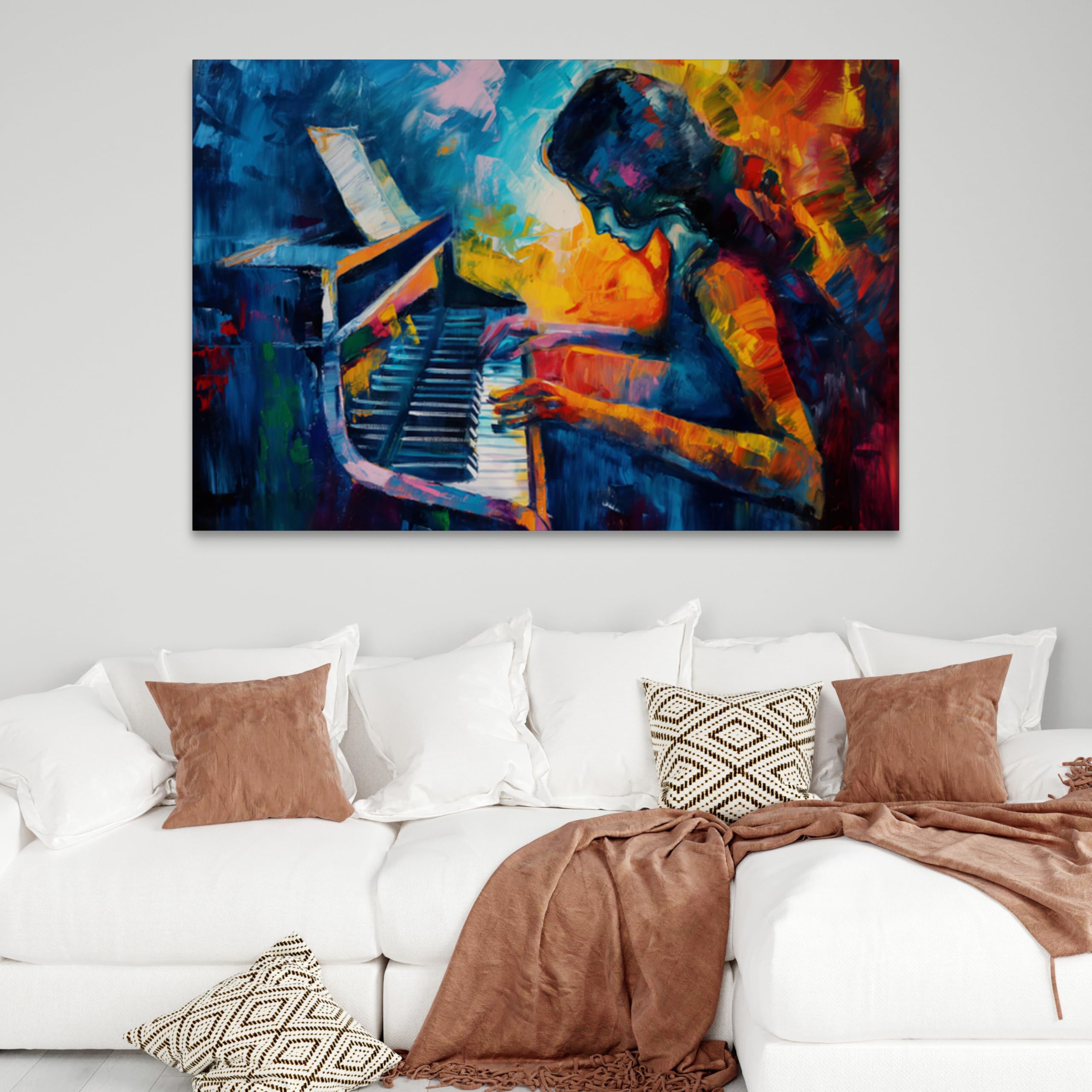WALLERO Cuadro en lienzo Pianista piano expresionismo – Decoración de pared moderna e impresión artística | Cuadro para salón dormitorio cocina recibidor 50x75 cm