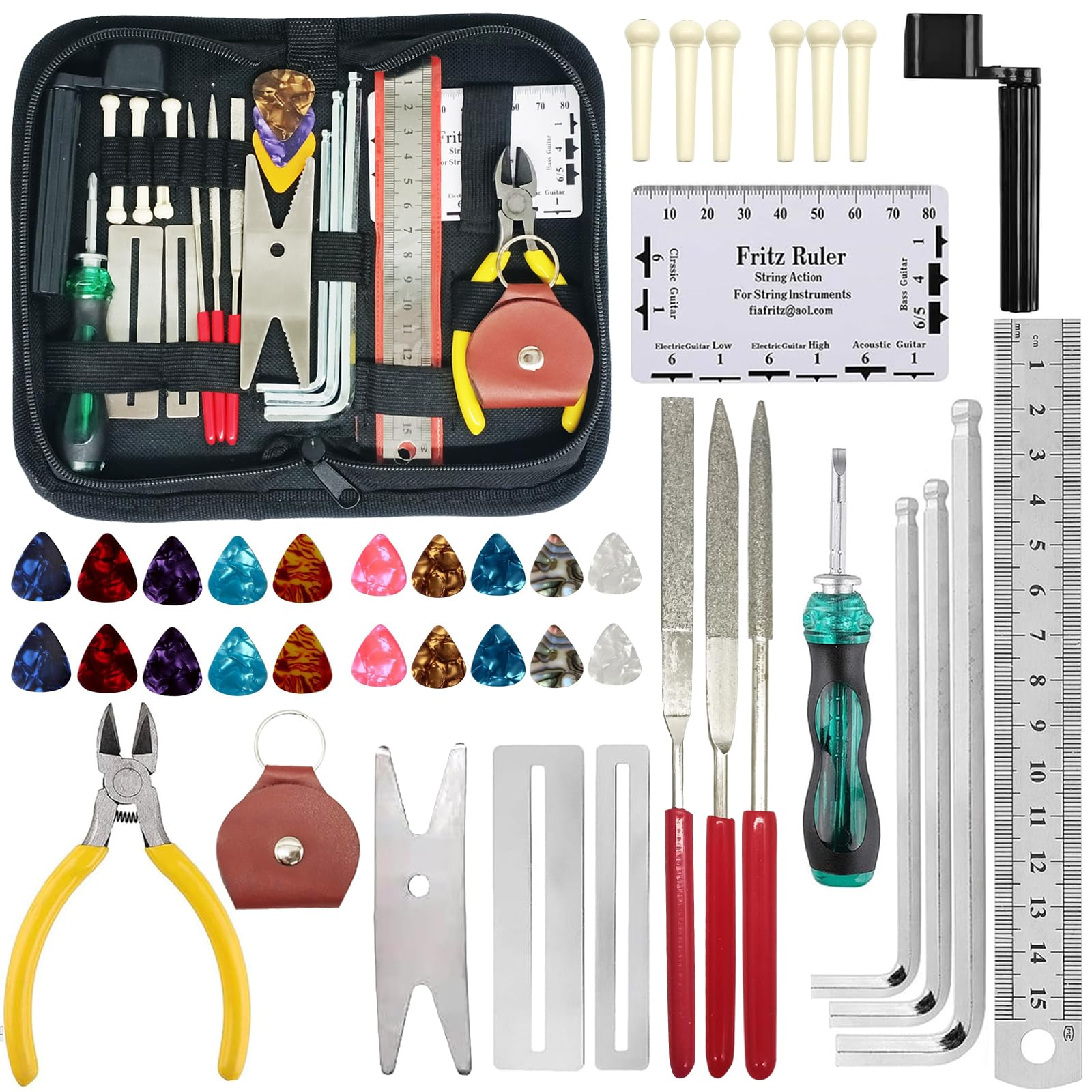46Pcs Guitar Tool Kit,Guitar Repair Tools Kit with Storage Bag,Professional Guitar Repairing Maintenance Tool Kit with Guitar Picks String Action Ruler Grit File Screwdriver