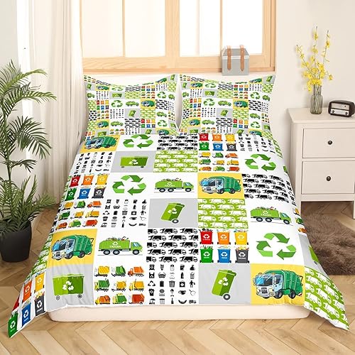 Miniatura 2 de Feelyou Juego de ropa de cama de camión de basura verde, funda de edredón de camión de basura de dibujos animados, funda de edredón con estampado de