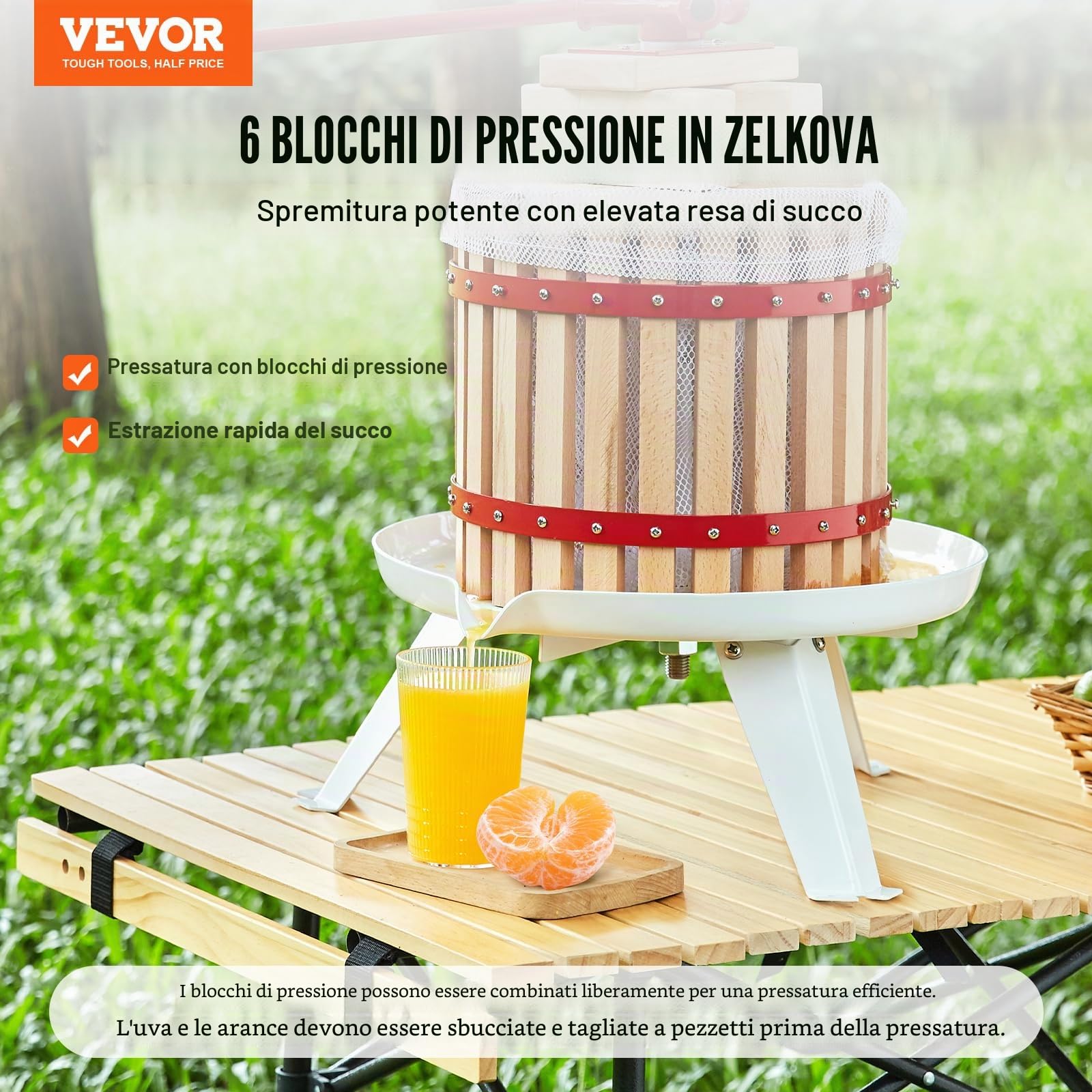 VEVOR Torchio Manuale per Vini di Frutta 6 Litri 1,6 Galloni Torchietto Pressa per Succo Spremiagrumi con Impugnatura con Cestello in Legno Massello Estrattore per Olio d'Oliva UVA Mela Verdure Miele