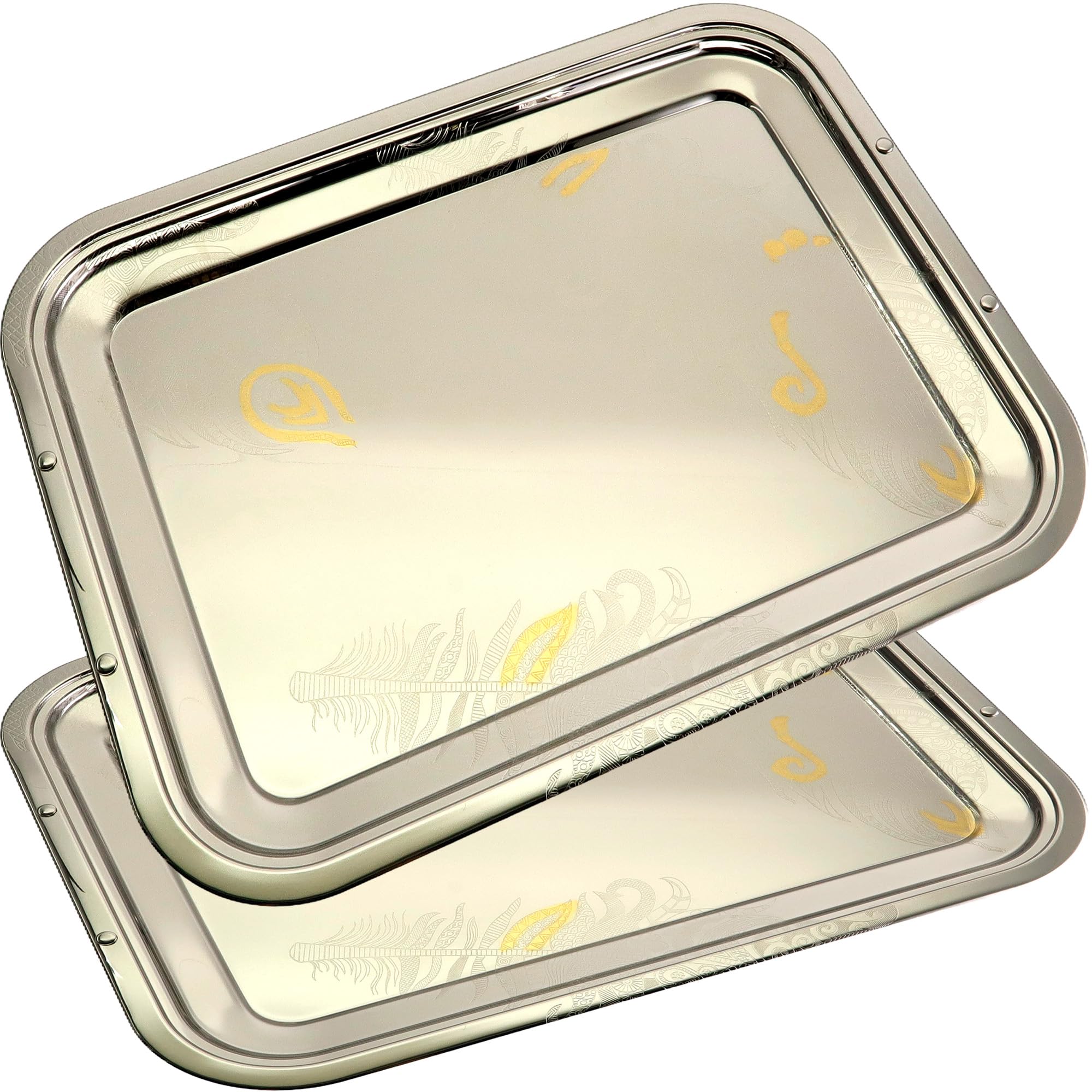 Maro Megastore (Pack of 2) 17 Inch x 13.1 Inch Oblong Chrome Plated Serving Tray Iron Gold Leaf Engraved Decorative Party Birthday Wedding Dessert Buffet Wine Decor Platter Plate Base GD-144