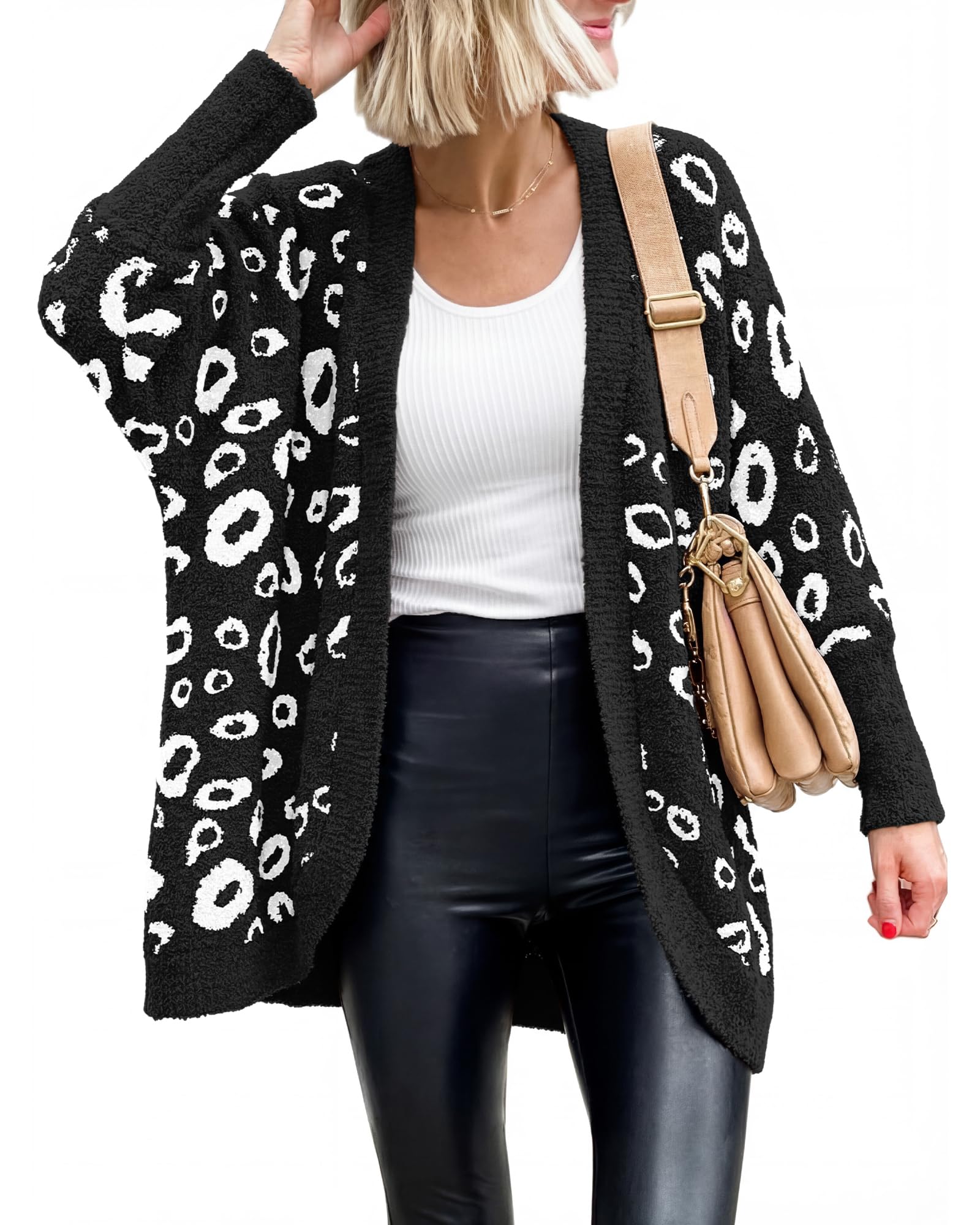 BTFBM Leopard Cardigan for Women Long Sleeve Open Front Cardigans Sweaters Pockets Loose Knit 2026 Fall Winter Outwear