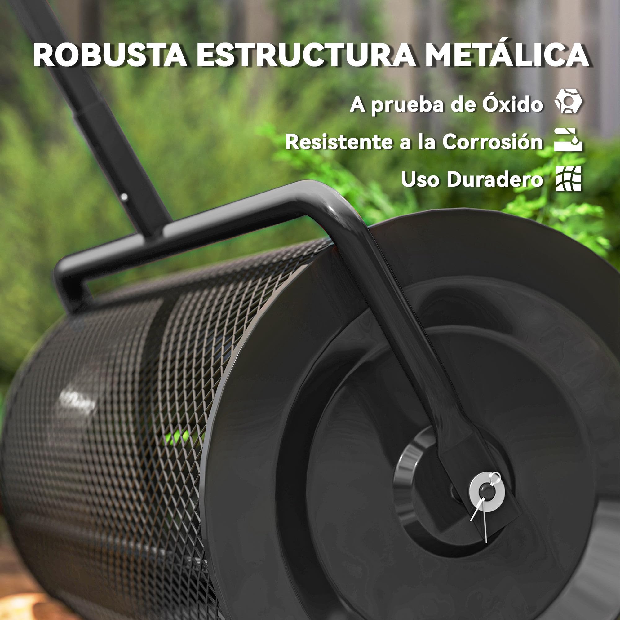 Outsunny Esparcidor de Compost 75L 70x40x112 cm Esparcidor de Abono para Césped con Asa Ajustable Cesto de Malla Metálica para Cuidado de Césped Jardín Negro