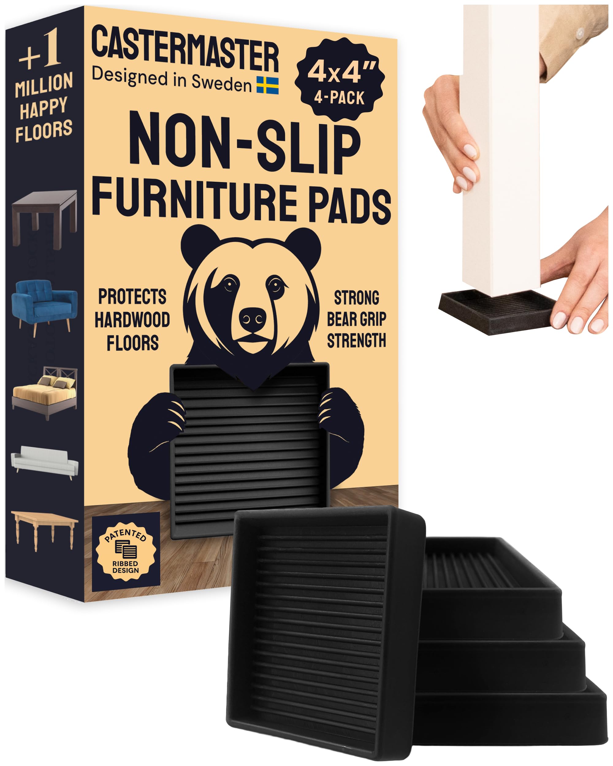 CasterMaster Square Rubber Caster Cups 4 Inch - Non Slip Furniture Pads for Hardwood Floors - Heavy Duty Bed Stoppers, Sofa Leg Protectors & Chair Feet Covers, Black 4 Pack