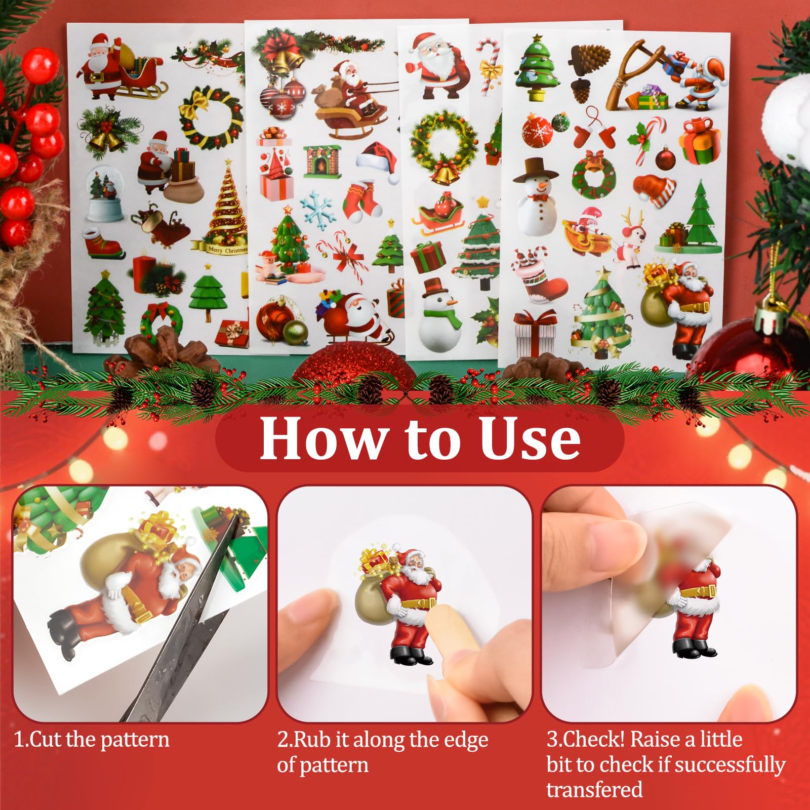 Lot De 3 Feuilles D'Autocollants Rétro De Noël - Couronnes, Bonhommes De Neige - Décalcomanies UV 15x30 Cm - Pour Déco Meubles, Vitres
