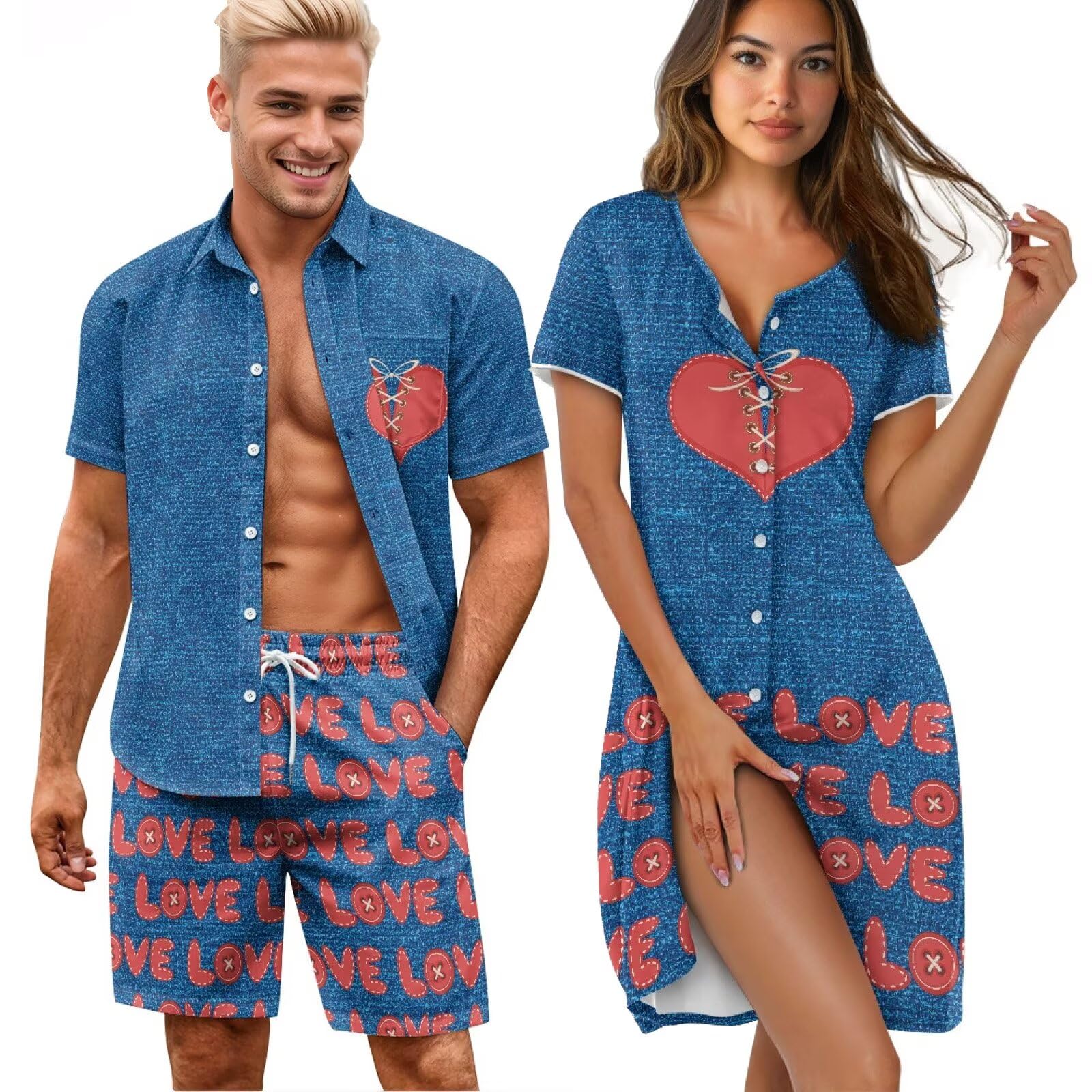 Dngkaoje His and Her Pajamas for Couples Set Plus Size Button Down Pjs Nightgown Sleepwear Lounge Sets