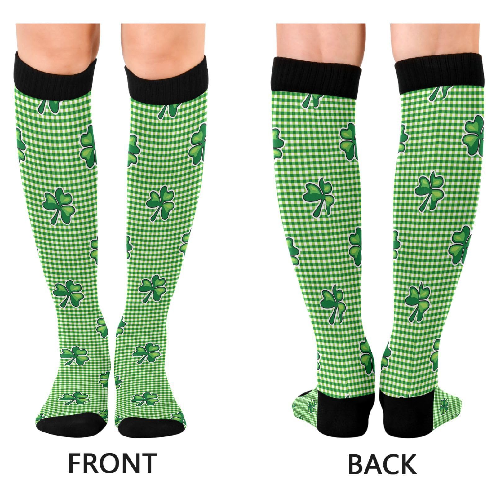 Dussdil Patricks Day Green Plaid Clover Compression Socks for Women Men Christmas Circulation Long Knee Socks for Winter Warm Stockings Socks