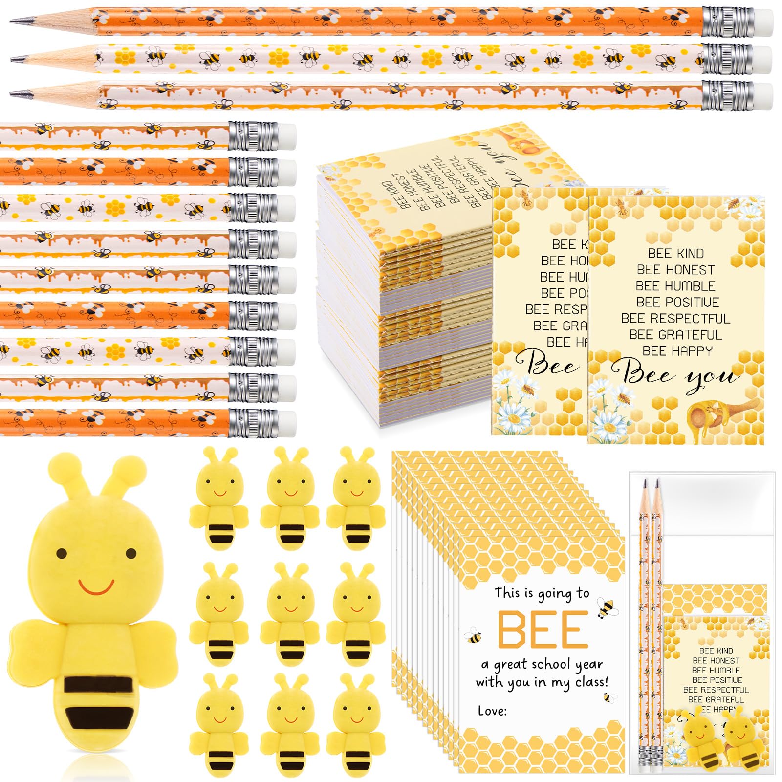 Fuyoooo 18 Sets Bee Party Favor Bulk Inspirational Notepads Pencil Mini Erasers Greeting Card Bee Themed Classroom Decor Party Supplies School (Cute)
