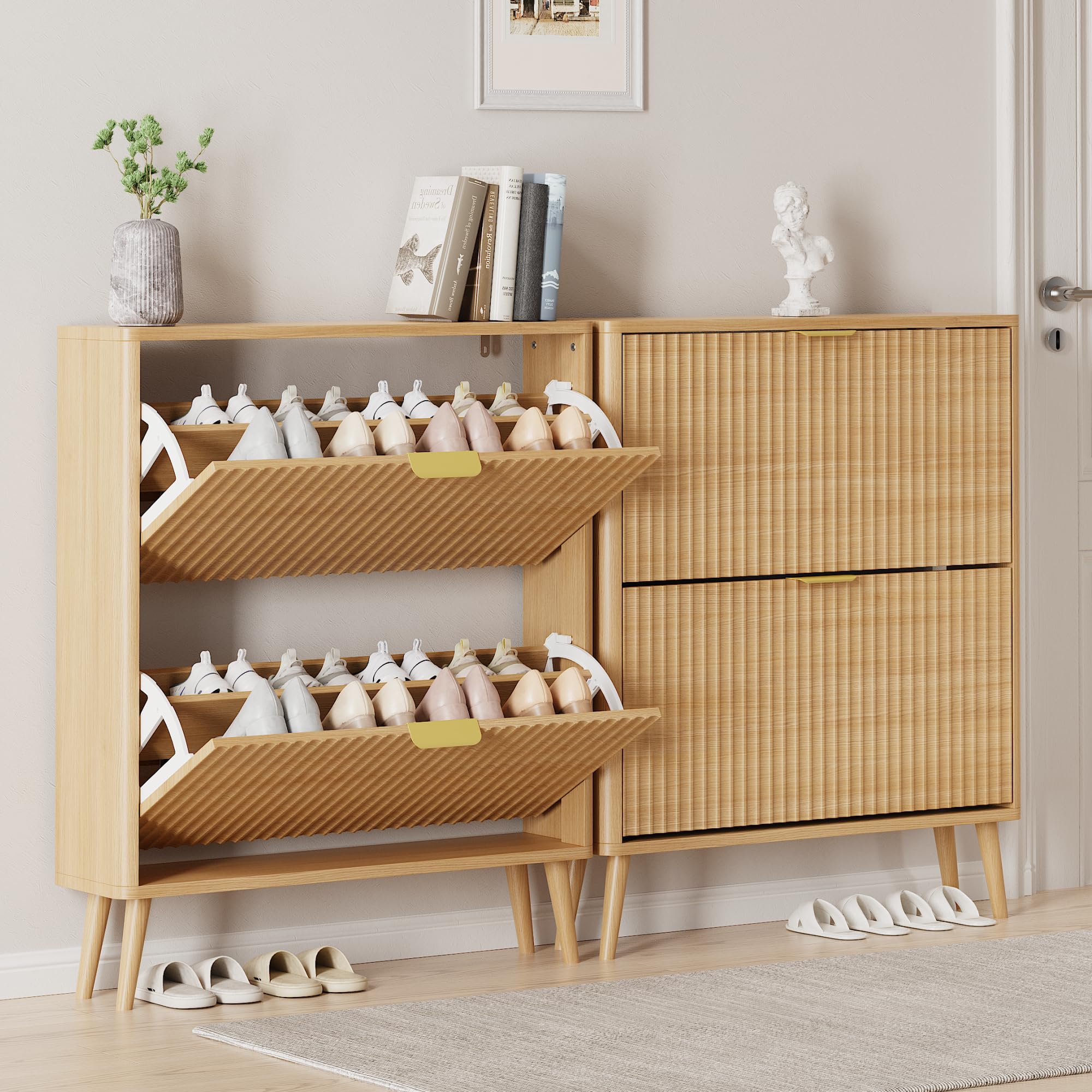 Schuhschrank, Schuhkipper mit 2 Klappen, Schuhregal Schmal, versteckte Schuhaufbewahrung, Schuhschrank Holz für Eingangsbereich, Flur (Natürliche Farbe)