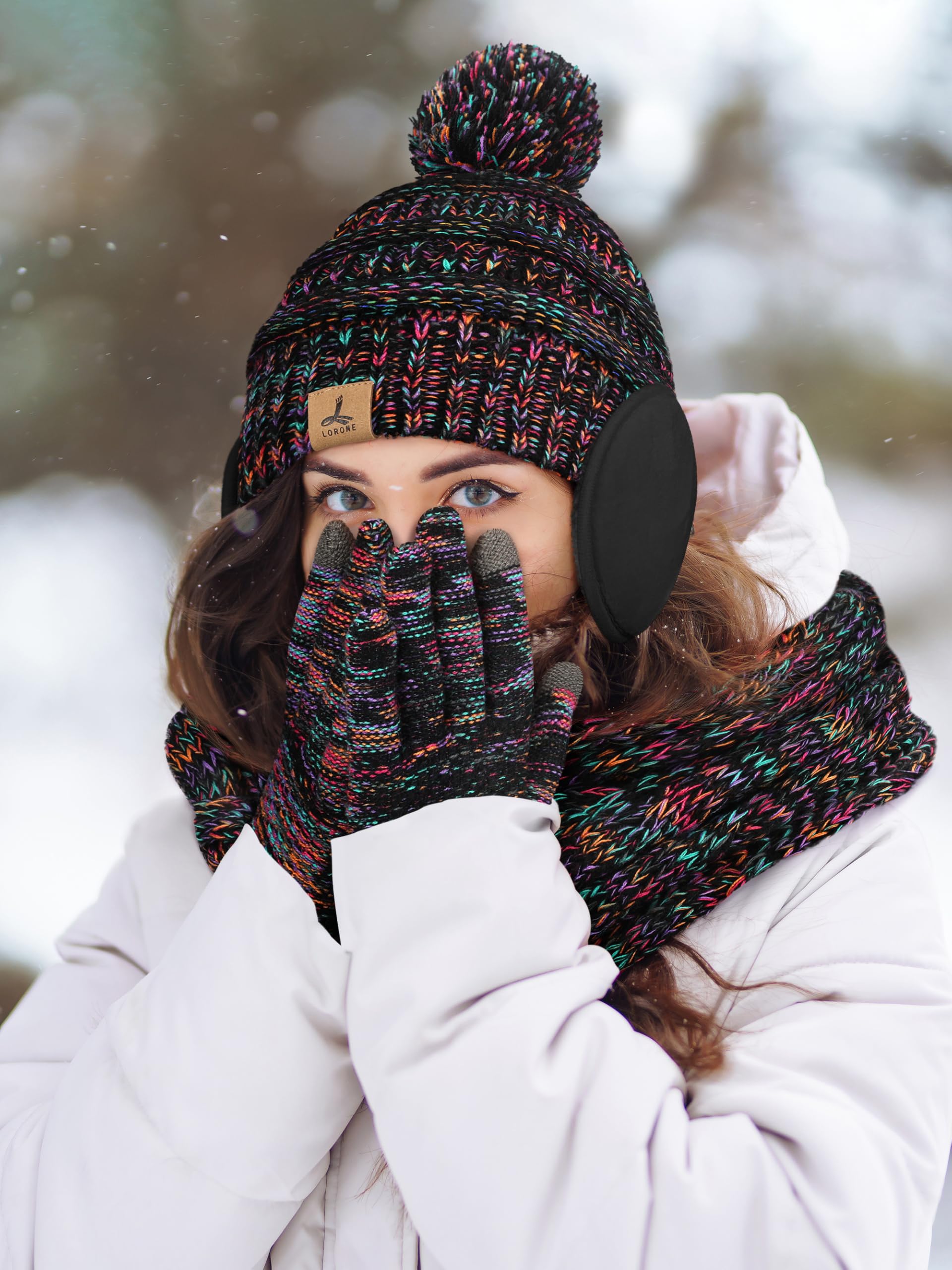 Wintermütze, Schal, Handschuhe und Ohrenwärmer, warme Strickmütze, Touchscreen-Handschuhe, Set, Wintergeschenke, Halstücher für Damen