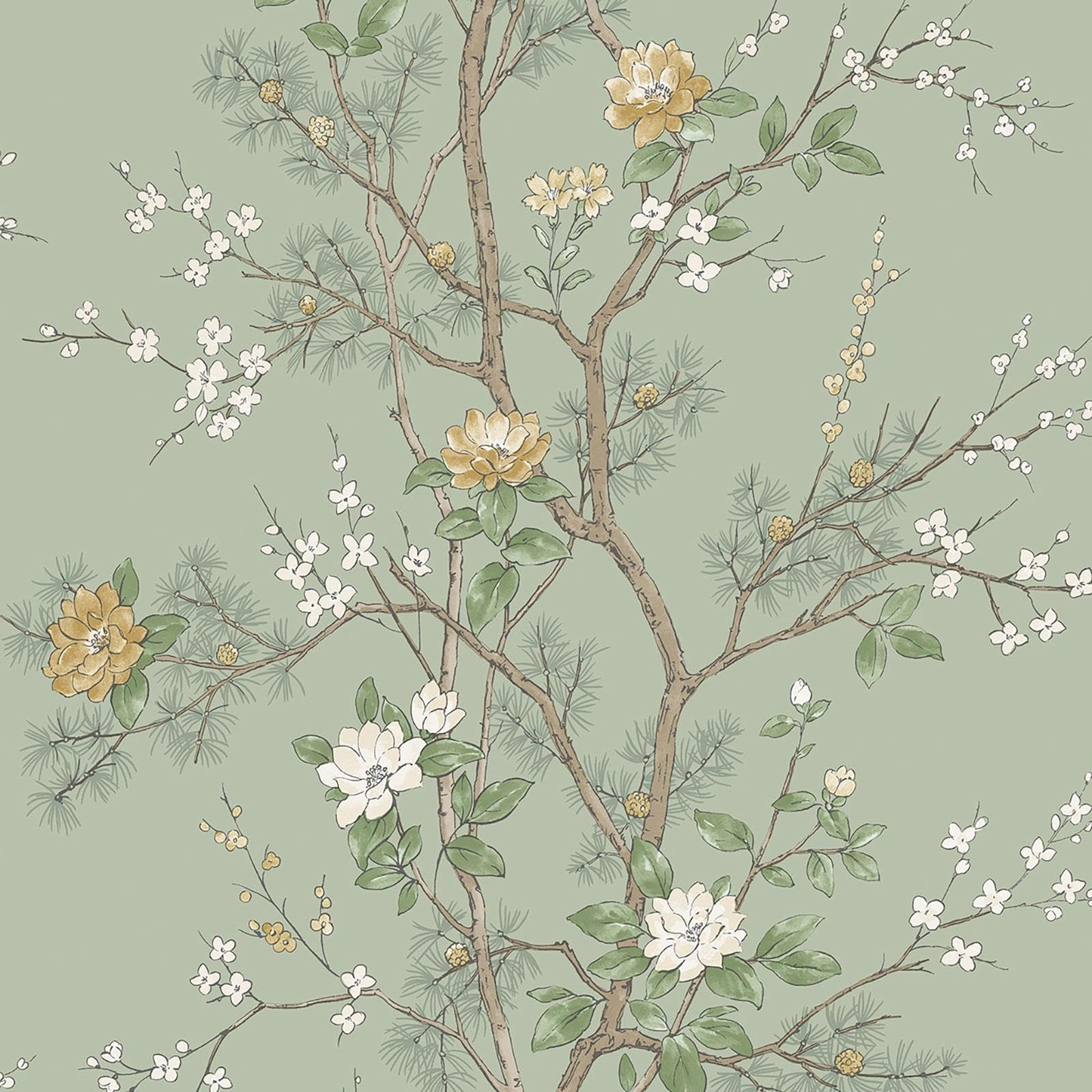 Belgravia Decor Bridget Delicate Floral Oriental Themed Matte Finish Wallpaper Perfect for Romantic Bedrooms Living Rooms Hallways Feature Wallcovering Sage Green (752)