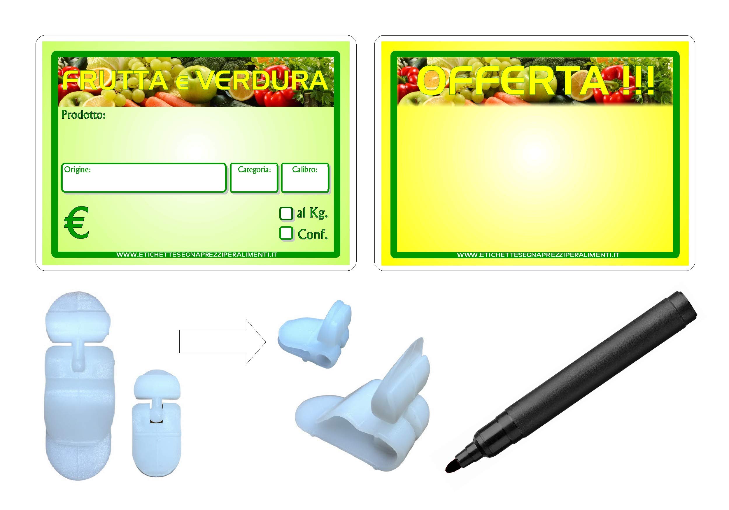 KIT 30 SEGNAPREZZI PLASTIFICATI PER ALIMENTI "FRUTTA E VERDURA" 8,3X11,3 cm. +15 PINZE GRANDI+15 PINZE PICCOLE+1 PENNARELLO NERO