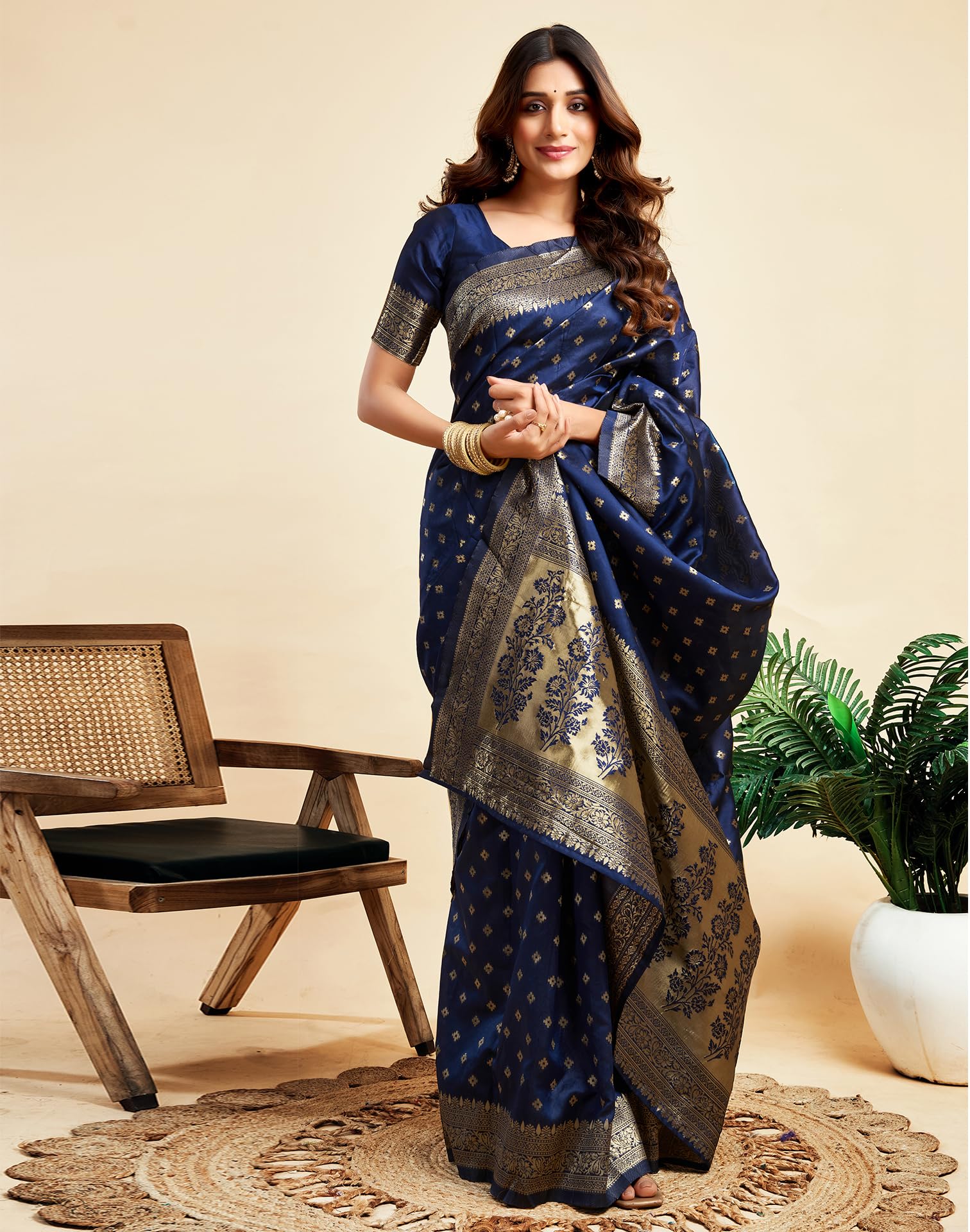 SIRIL Women's Soft Silk Saree | Banarasi Silk Sari | Jacquard Zari Work Saree With Unstitched Blouse Piece (4051S576_Navy Blue) - Image 3 thumbnail