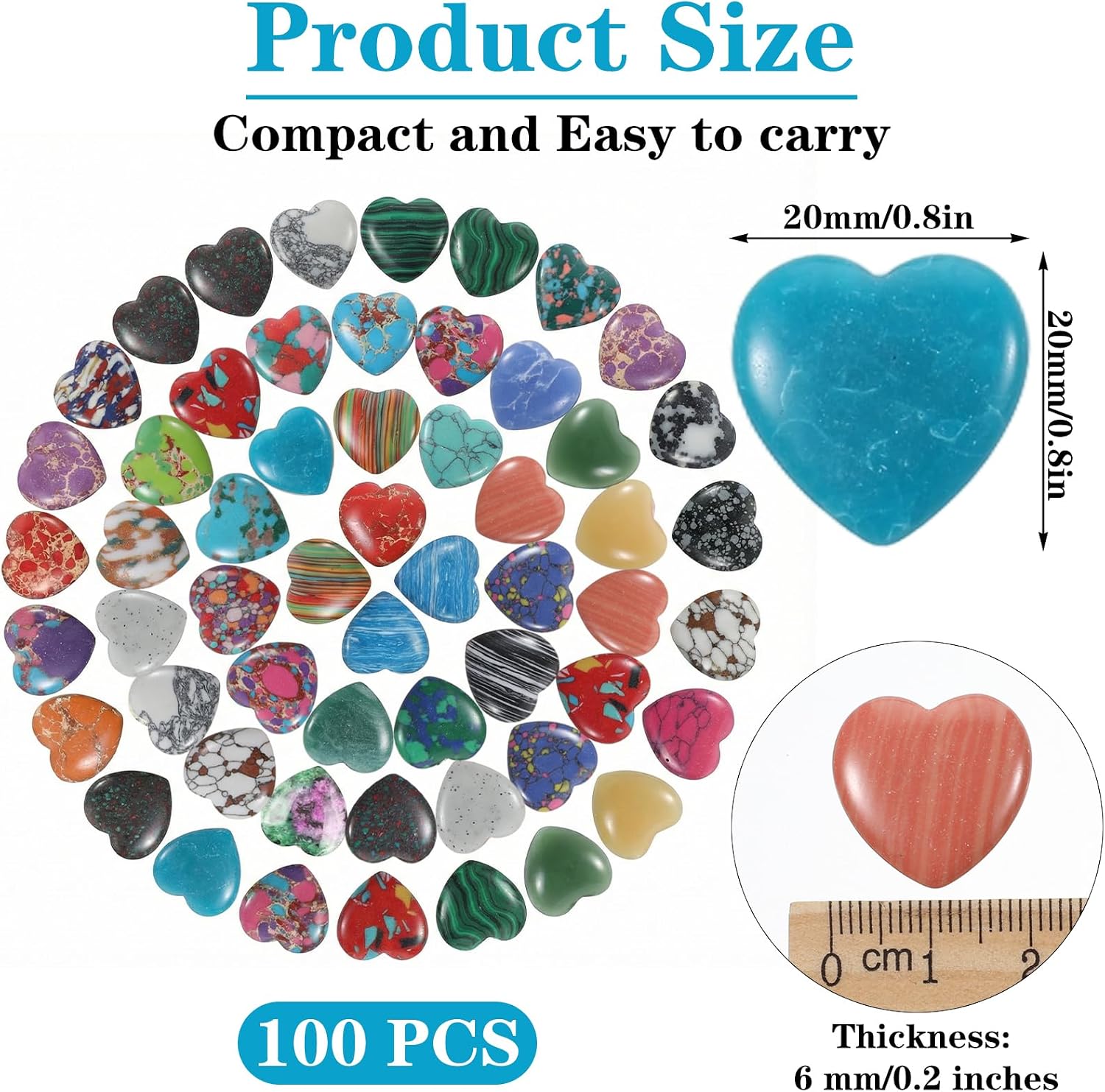 100 Pcs Heart Stones Worry Stones Heart Shape Anxiety Crystal Bulk 0.8 Inch Gemstones Assorted Natural Cute Hearts Crystals Set for Anxiety Decoration Gifts