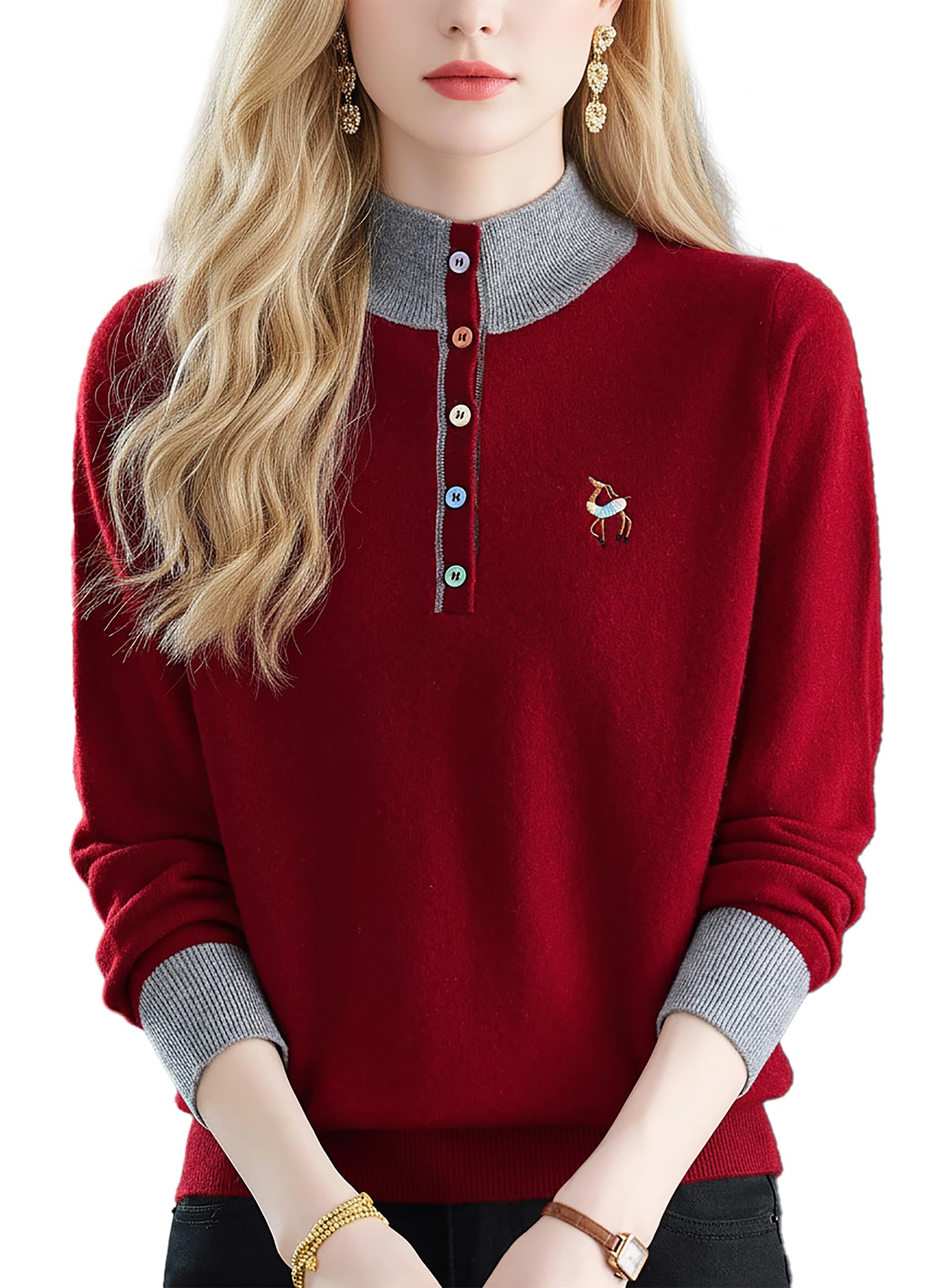 Womens Henry Collar Contrast Sweaters Casual Long Sleeve Ribbed Pullover Knitwear Tops