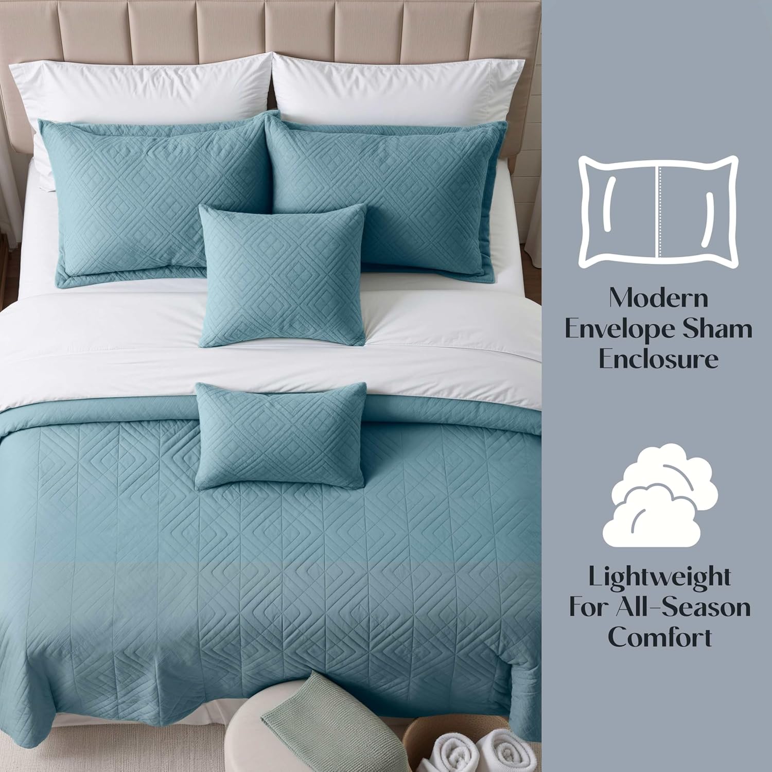 Hearth & Harbor Queen Quilt Set – All-Season Lightweight Bedspread & Coverlet with Pinsonic Weave - 7 Piece Queen Quilt Set with Pillow Shams, Stone Blue - Queen Diamond