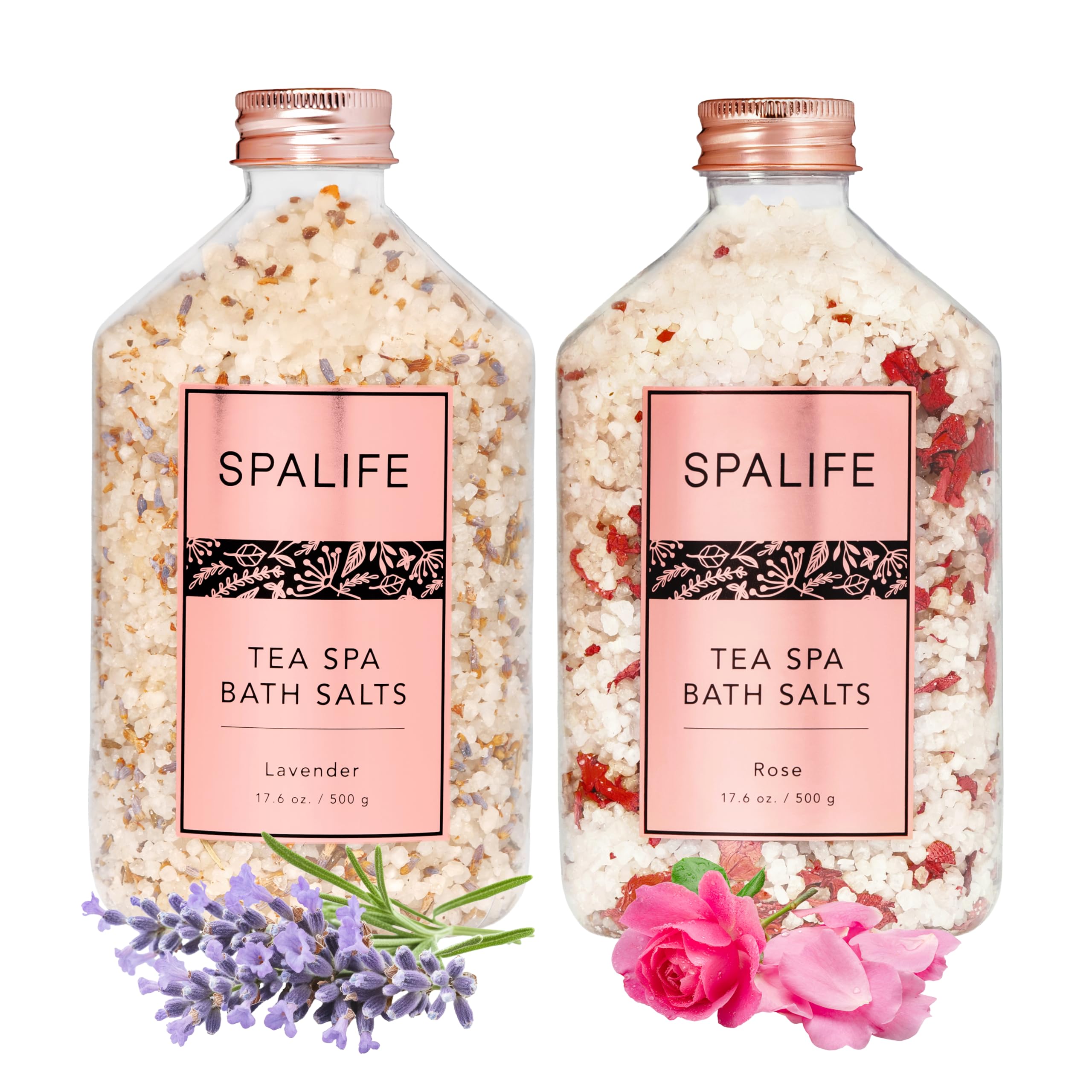 SpaLife Tea Spa Petal-Infused Effervescent Mineral Bath Salts - Lavender & Rose, 2-Pack 17.6 oz. ea for Relaxing Aromatherapy and Soothing Soaks