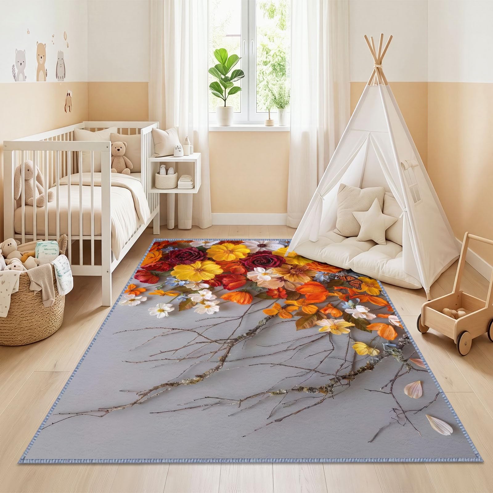 Generisch Alfombra con diseño de margaritas y tulipanes, lavable a máquina, para salón, 80 x 150 cm, diseño floral, suave pelo corto, parte trasera antideslizante, fácil de limpiar, para dormitorio y