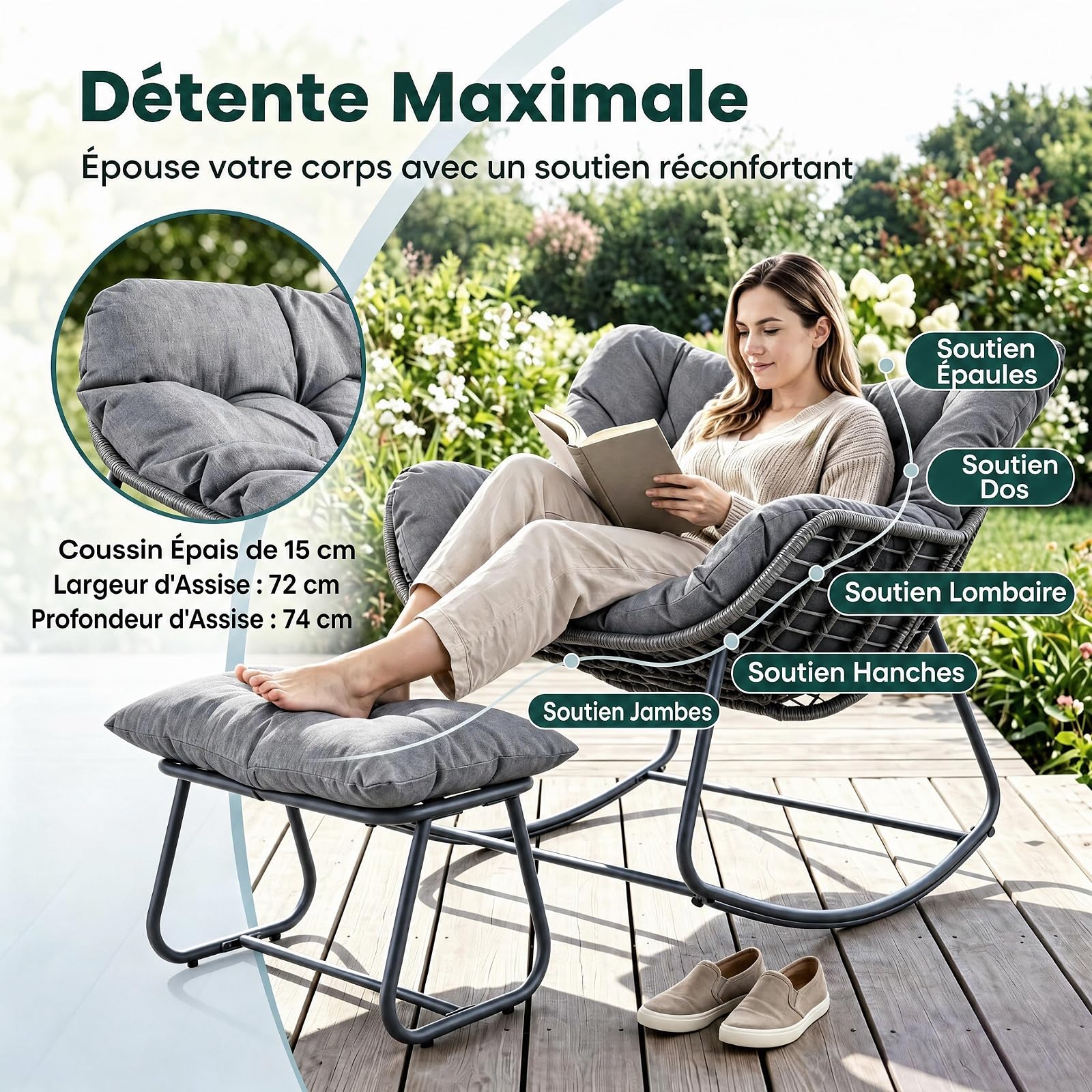 SOARS Fauteuil a Bascule en Rotin PE avec Repose-Pieds, Chaise a Bascule Surdimensionné avec Coussin Rembourré, Cadre en Métal, Charge 150KG, Rocking Chair en Forme d’Œuf Salon Jardin Balcon (Gris)