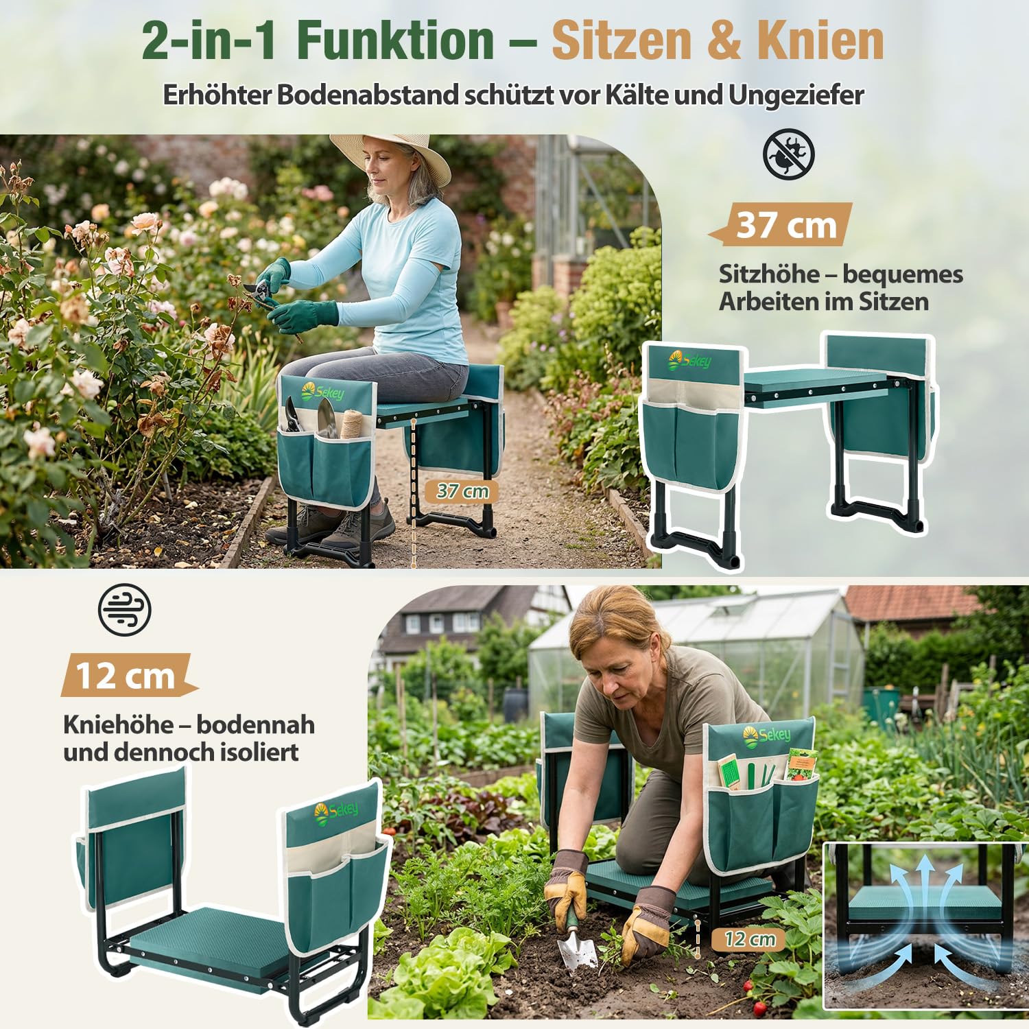 Sekey Kniebank für Gartenarbeit, höhenverstellbar klappbar, bis 180kg
