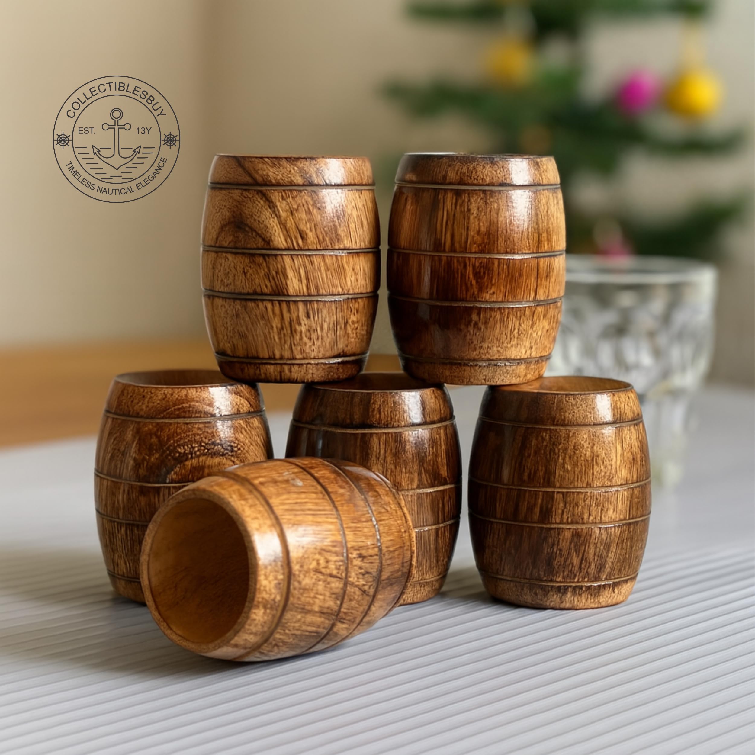 collectiblesBuy Handgefertigte Mangoholzbecher Set mit 6 Stück für Tee aus Holz, fassförmig, Bierkrug, Kaffeebecher, klein, Reisen, Camping, Trinken, tragbarer Becher für Männer, Weinbecher, Bierkrug,