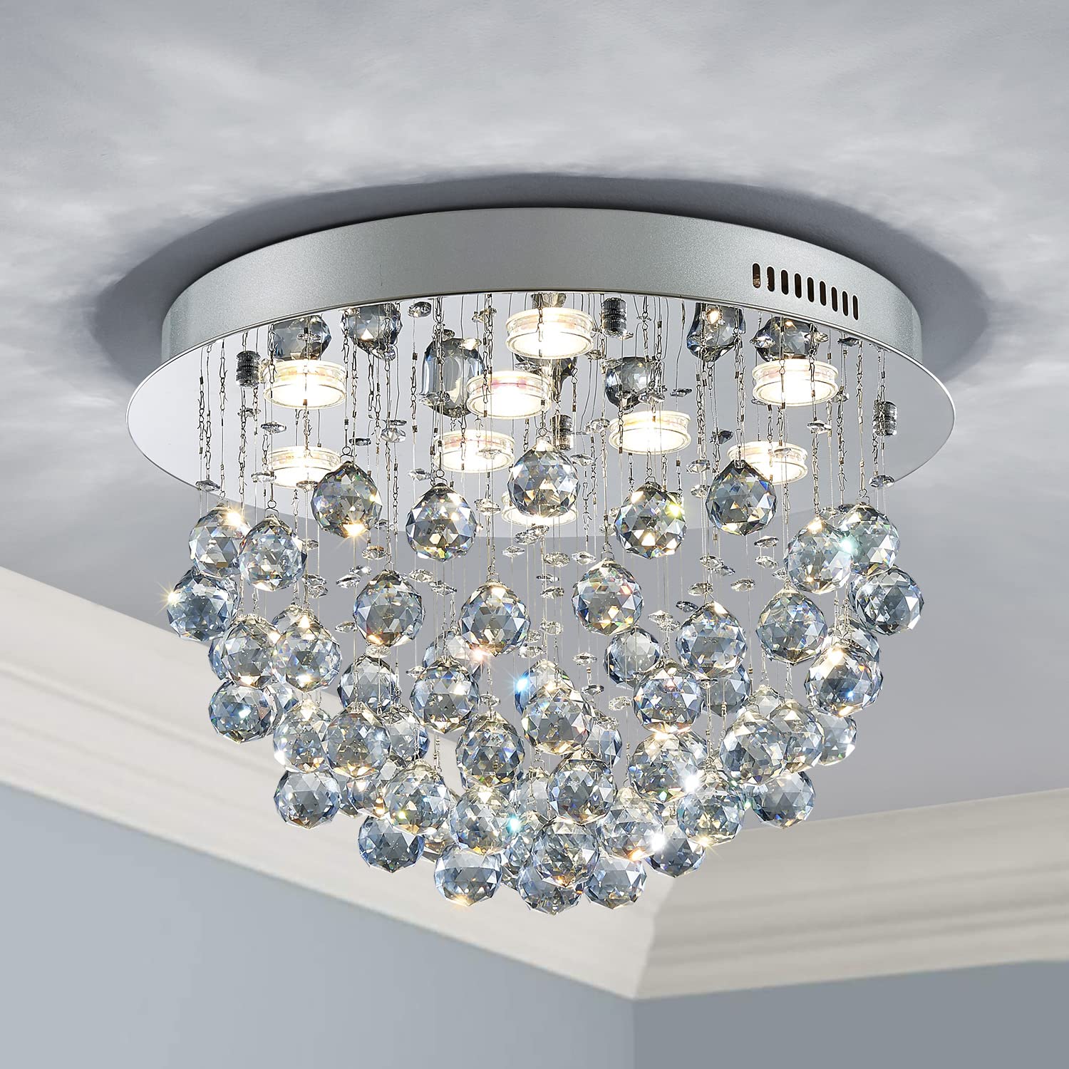 Saint Mossi 9-Lights Modern Chandelier K9 Crystal Light Fixture,Modern Flush Mount Ceiling Light Fixtures Raindrop Chandelier for Dining Room,Living Room, Light Blue Crystal & Chrome Finish