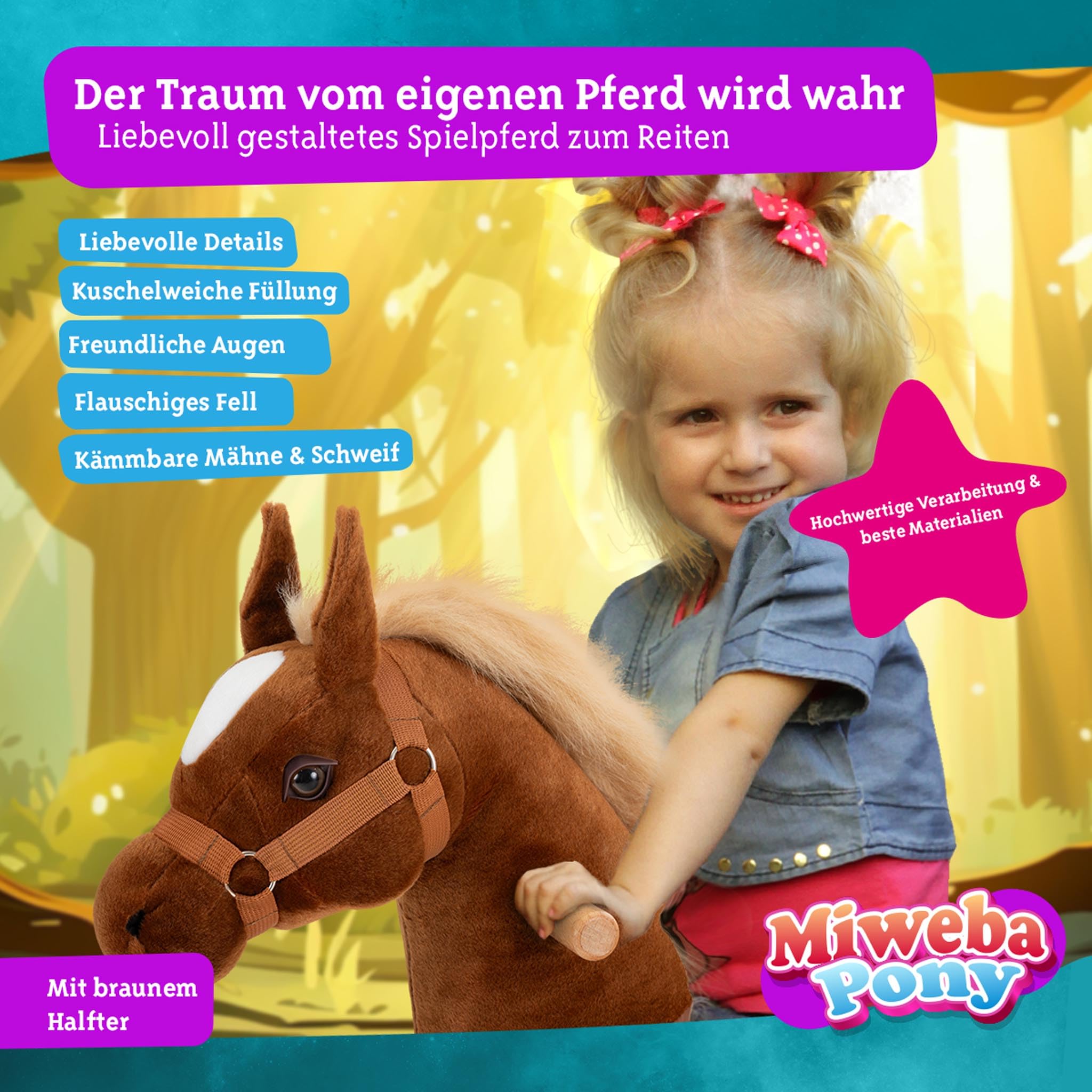 Miweba Pony Amadeus | Reitpferd auf Rollen - Pferd für Kinder - Schaukelpferd - Schaukeltier - Kuscheltier - Spielpferd zum Reiten - Plüschtier - Stofftier - Stehpferd - 3-5 Jahre (Small)
