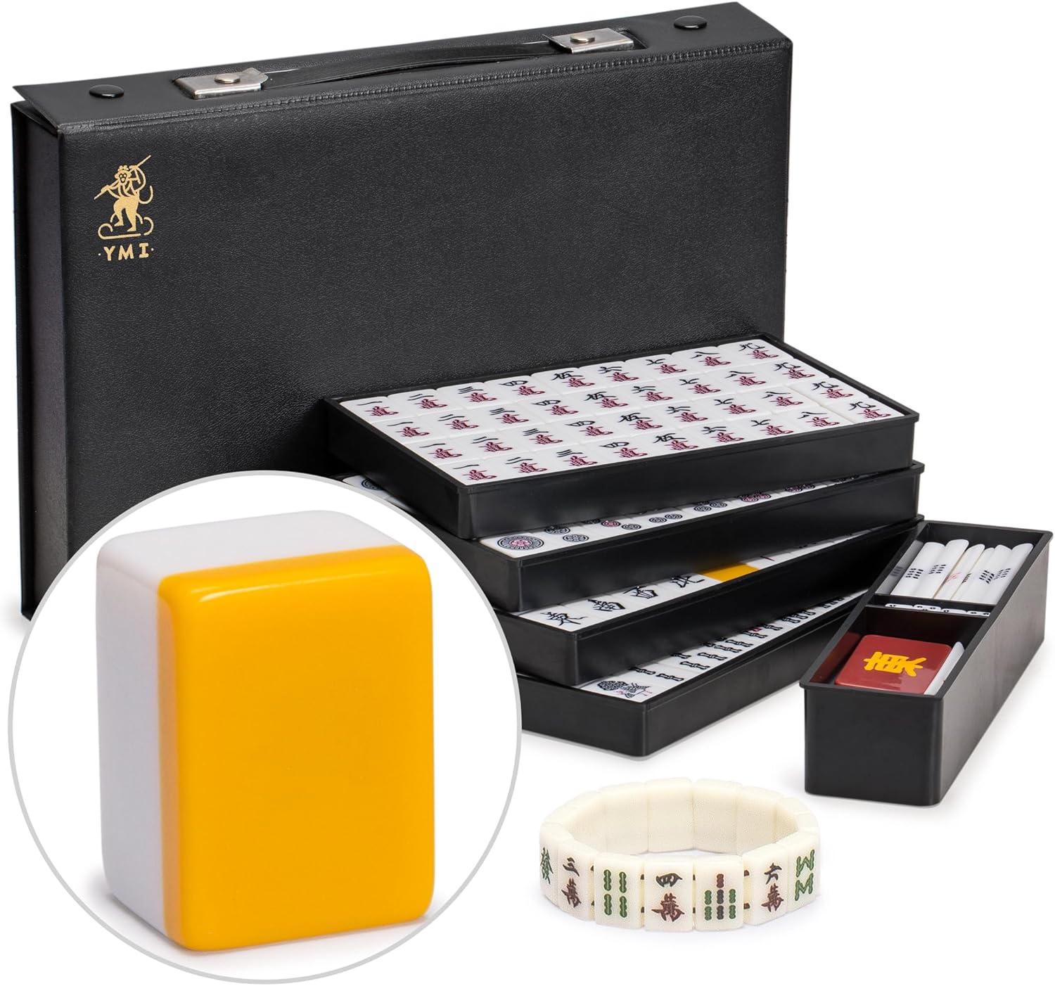 Yellow Mountain Imports Mahjong Bundle - Japanese Mahjong Game Set White and Yellow Standard Size Tiles with Mahjong Mini-Tiles Bracelet