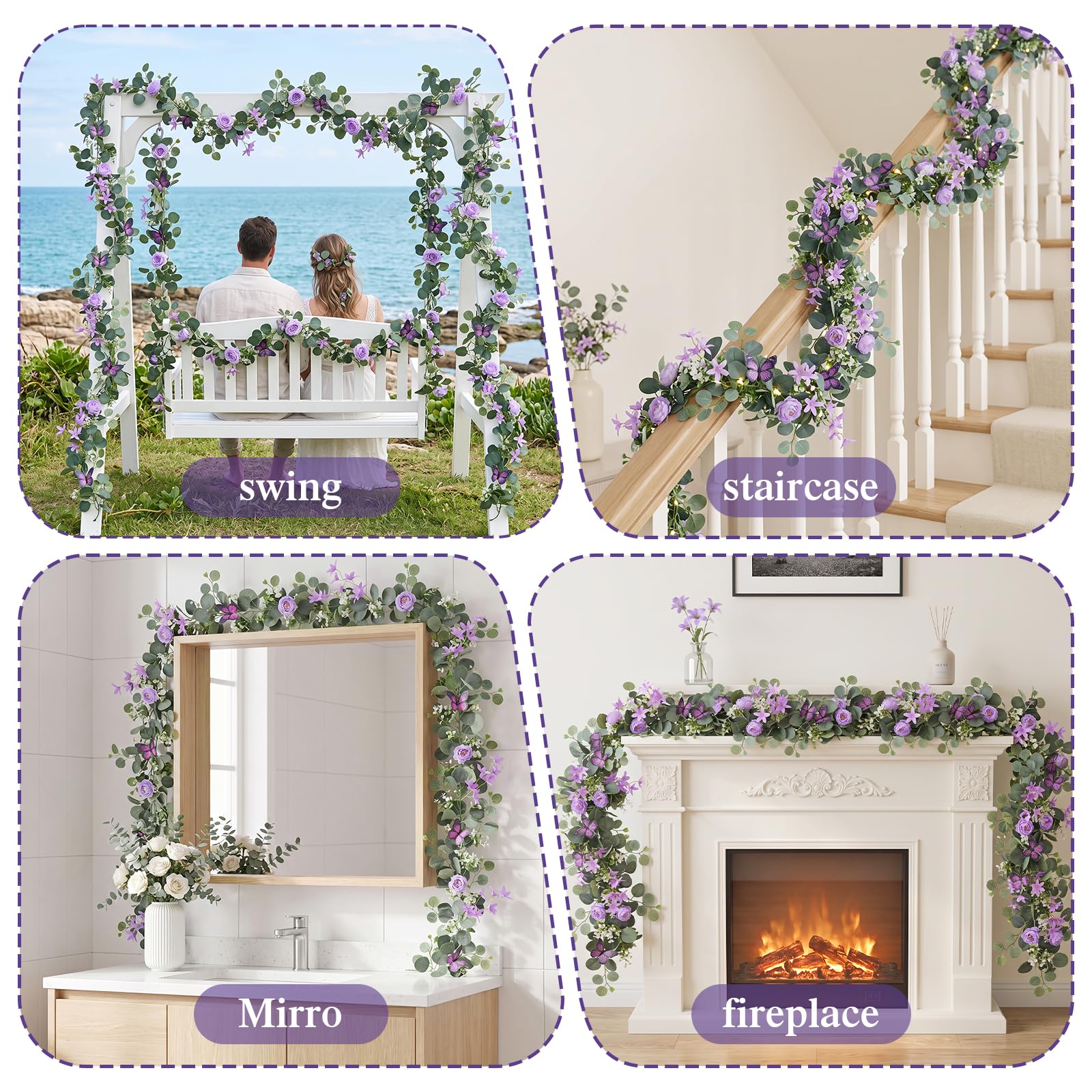 Ghirlanda di fiori artificiali da 200 cm, con farfalla, fiori di rosa finta, piante rampicanti da appendere, ghirlanda verde per cerimonie, casa, giardino, decorazione per feste di nozze