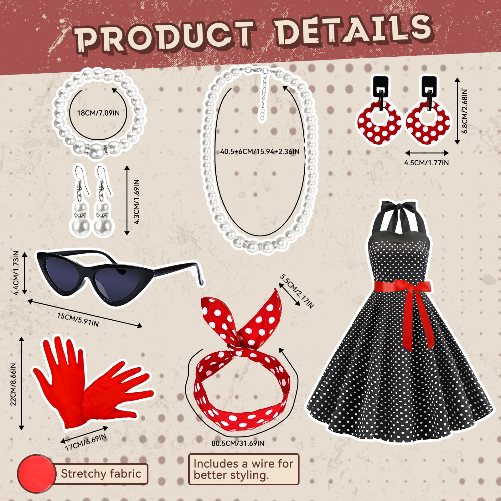 JONRRYIN Vestito Anni 50 Donna, Rockabilly Accessori Anni 50 Donna, Abito Gonna Anni 50 Donna, Vintage Costume Anni 50 Donna con Occhiali, Earrings, Guanti, Collana per Carnevale