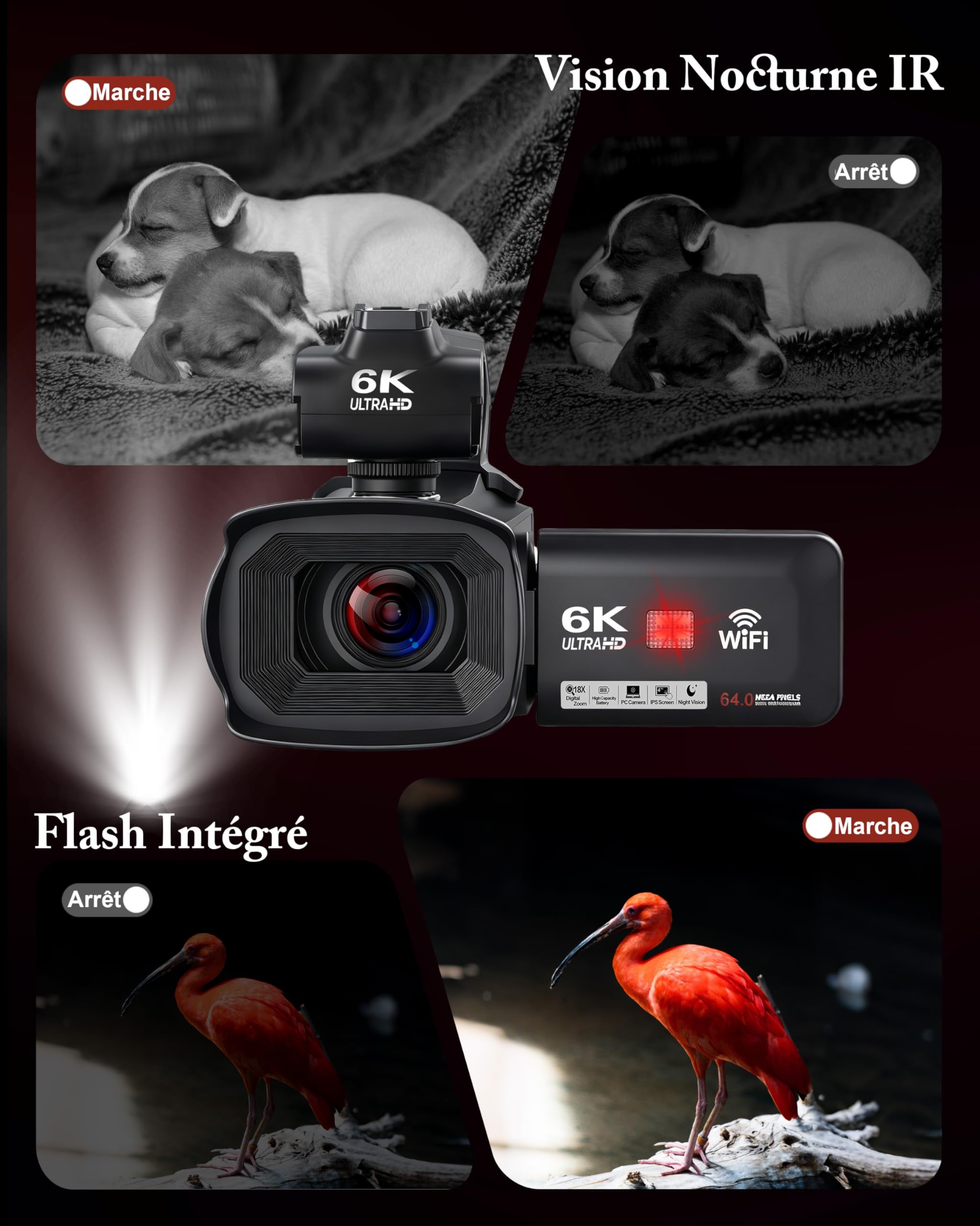Caméscope 6K 64MP WiFi Vision Nocturne Infrarouge 18X Zoom Numérique avec Pile 4500mAh, Carte SD 64 Go