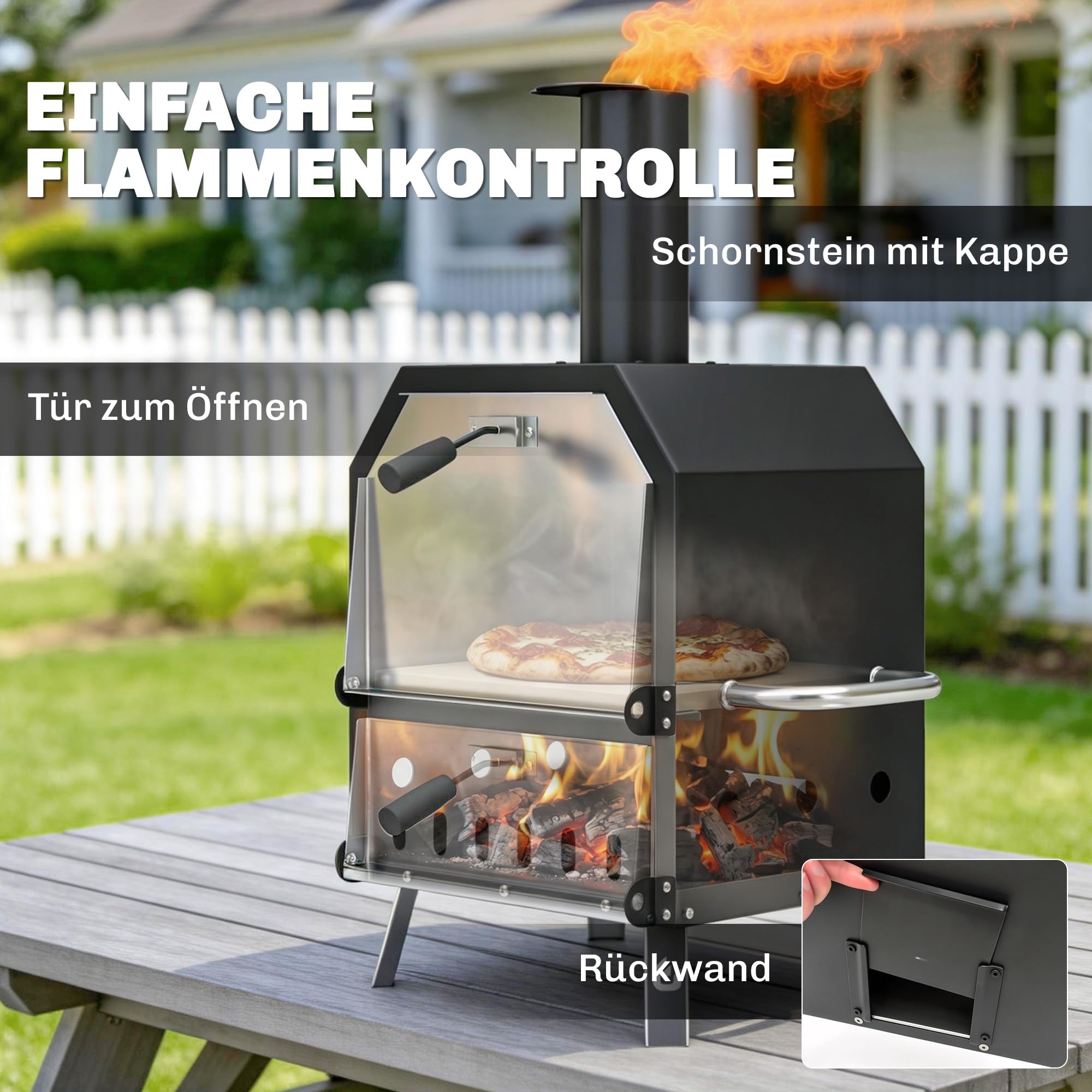 Outsunny Horno de pizza para exteriores de madera, horno de acero inoxidable, 2 niveles, con piedra de 1 cm de grosor, apertura de aire, pata plegable, pala para pizza, asa, estufa de leña, estufa de