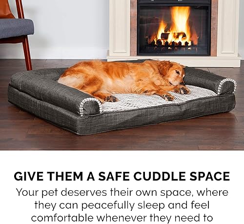 Miniatura 10 de Furhaven - Cama de espuma viscoelástica para perros y gatos, estilo sofá, de piel sintética y lino de rendimiento duradero con funda extraíble