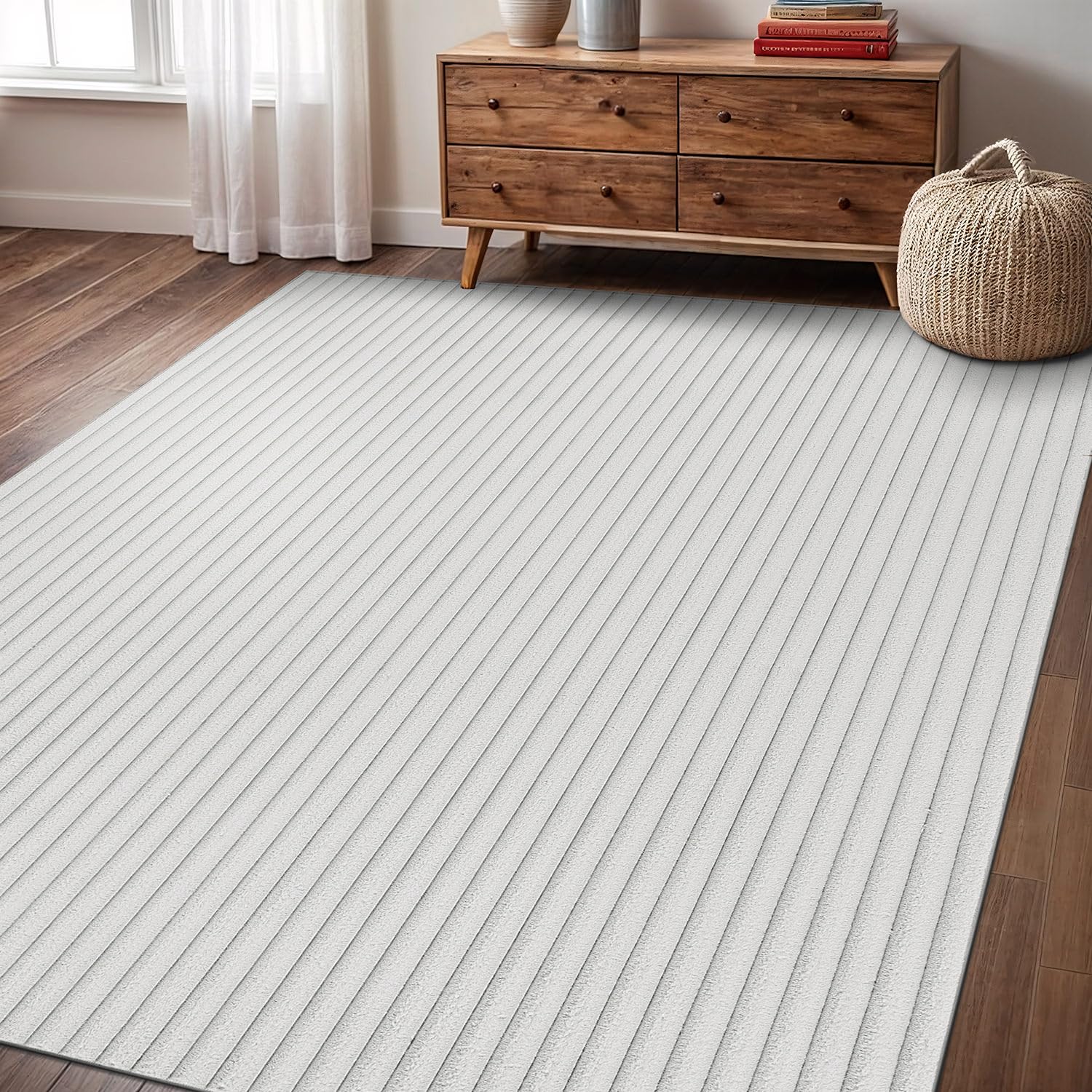 Non Slip Indoor Rug 4x6 Solid White Area Rug Polyester Stripes Rubber Back Easy Clean Inside Carpet for Living Room Kitchen Bedroom Bathroom Dining