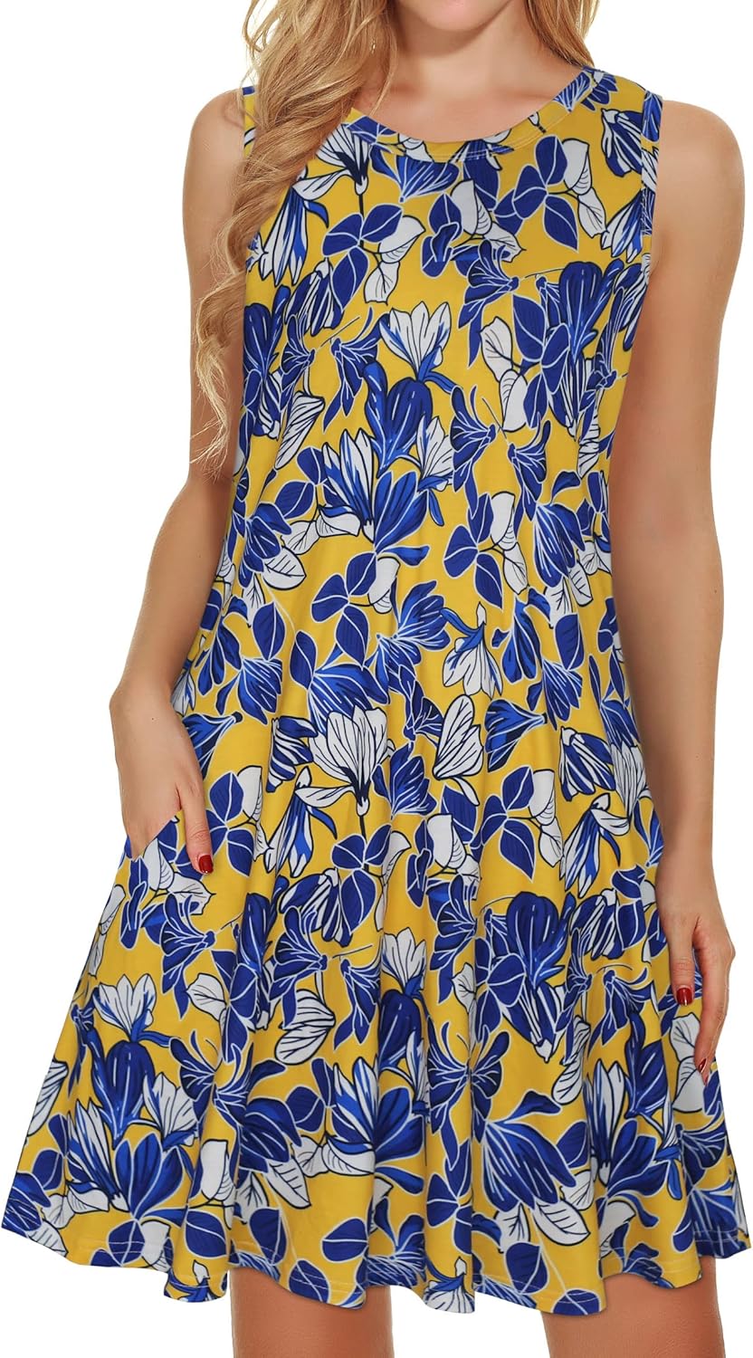 Summer Dresses for Women Beach Floral Tshirt Sundress Sleeveless Pockets Casual Loose Tank Dress(Yellow Blue Floral,XL)