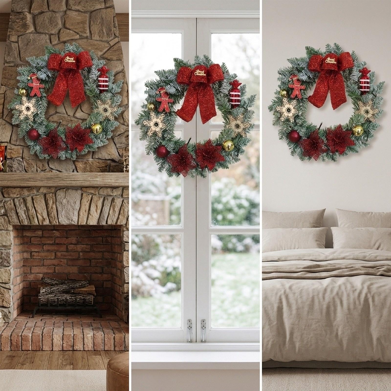 Corona de Navidad Artificial Guirnalda Adorno Y Decoración para Pared Materiales Madera Y PP con Efecto Natural Adecuada para Puerta Ventanas Chimenea, Dulce, Individual