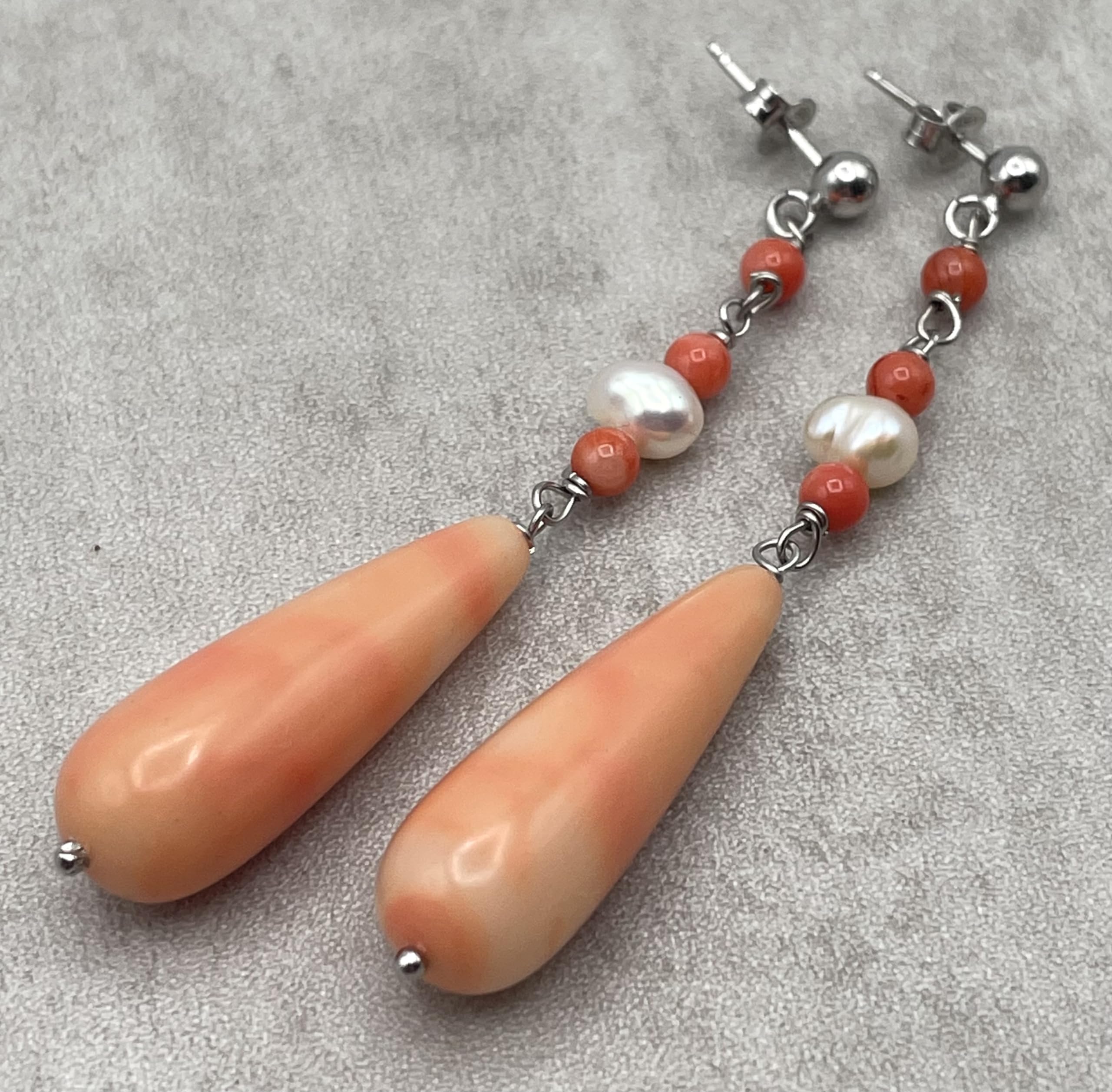 Orecchini Corallo Rosa e Perle Naturali, Pendenti in Argento 925 Made in Italy, Gioielli Pietre Dure, Bijoux Artigianali, Regalo per Lei