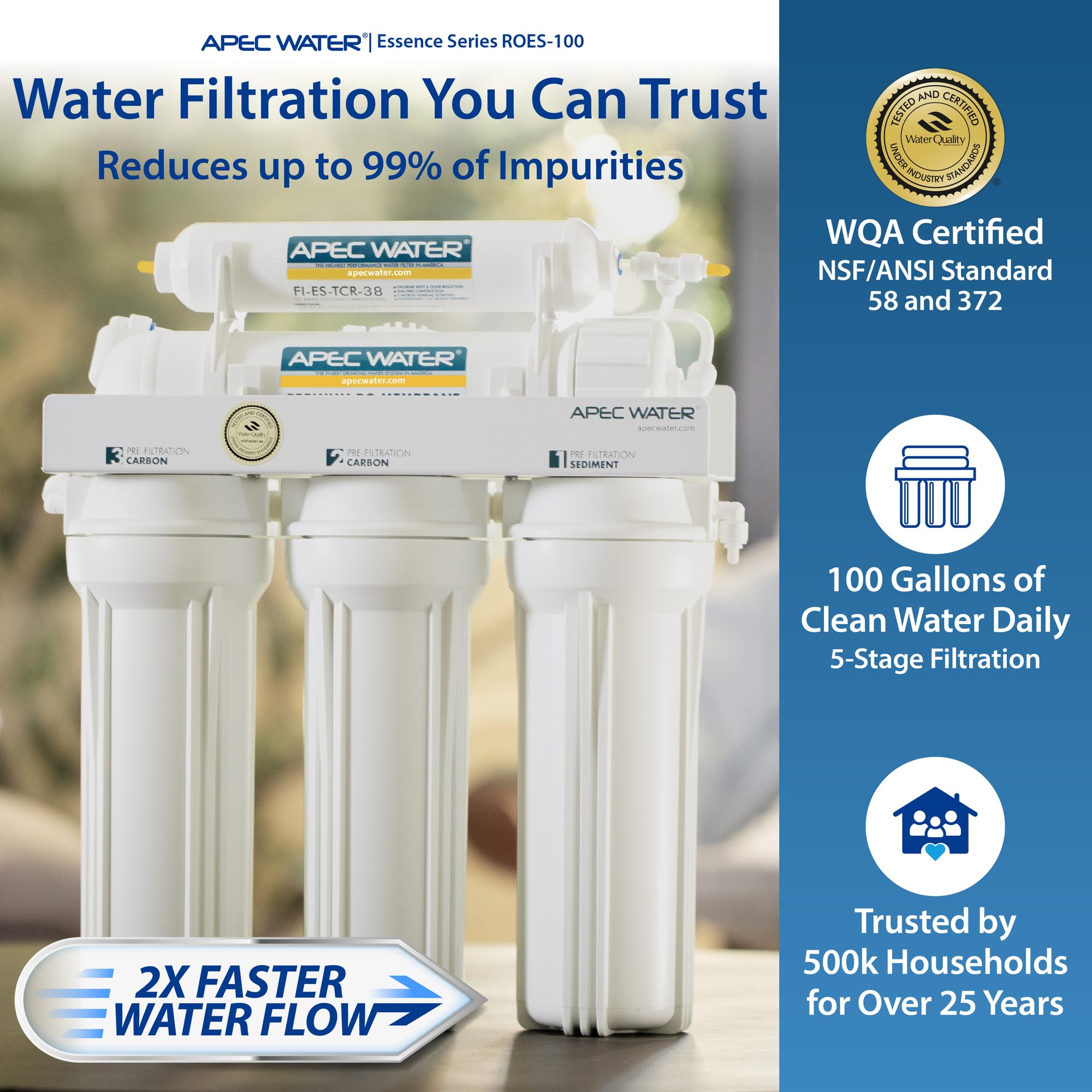 APEC Water Systems Essence ROES-100 Sistema de filtro de agua potable de ósmosis inversa de 5 etapas, 100 GPD, dispensación rápida, 1:1 puro para drenar